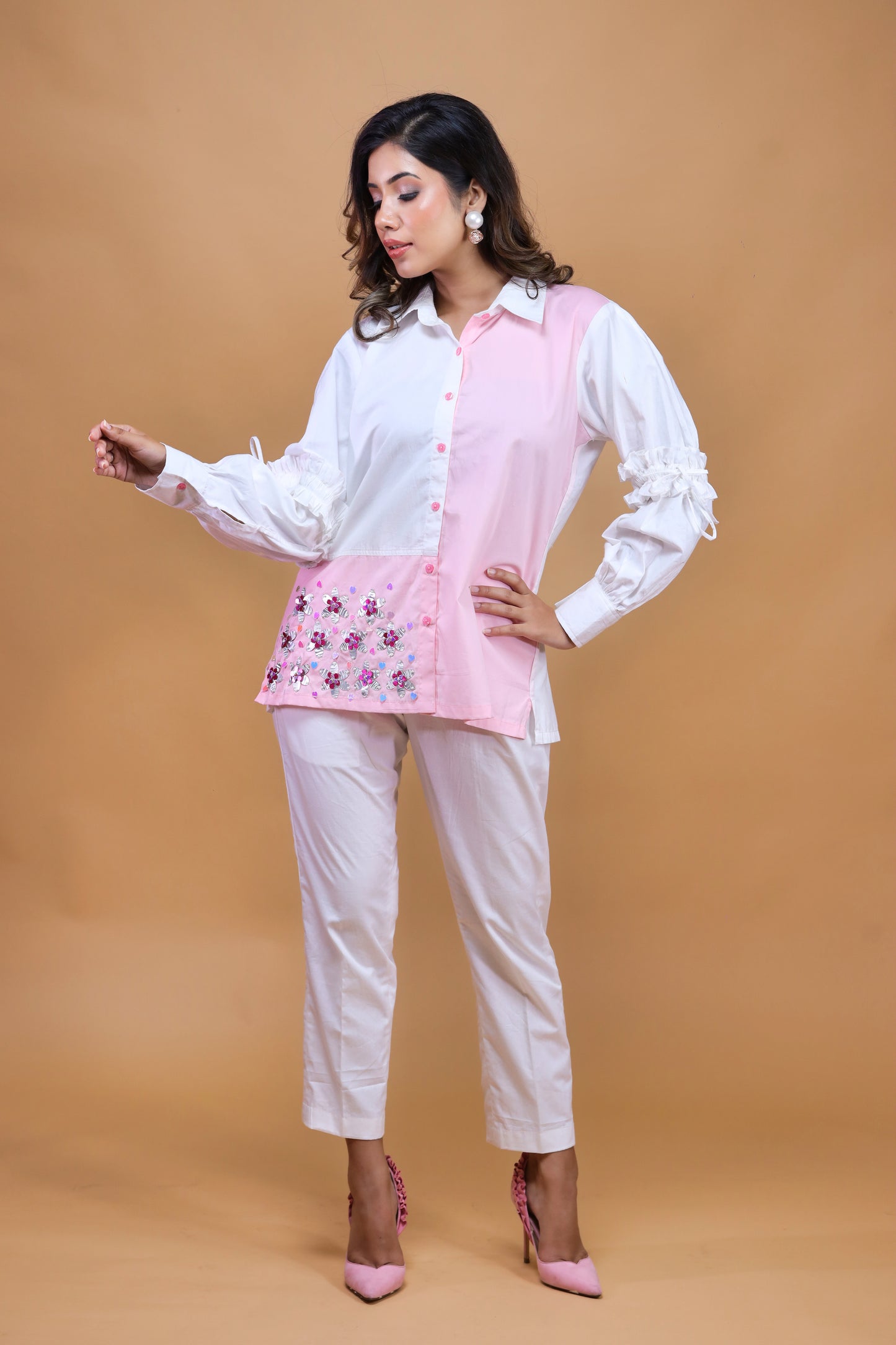 White N Baby Pink Shirt With Pants