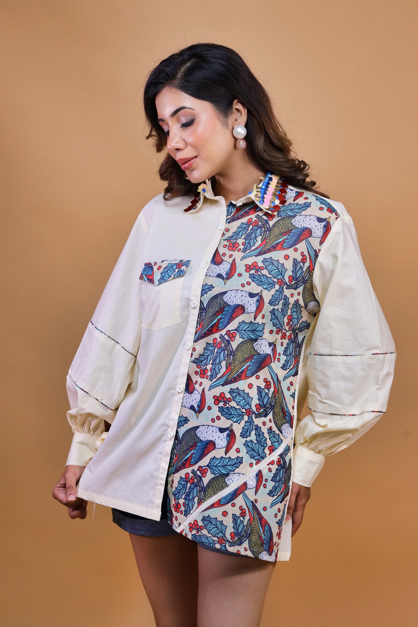 Relaxed Fit In Ivory & Print Shirt