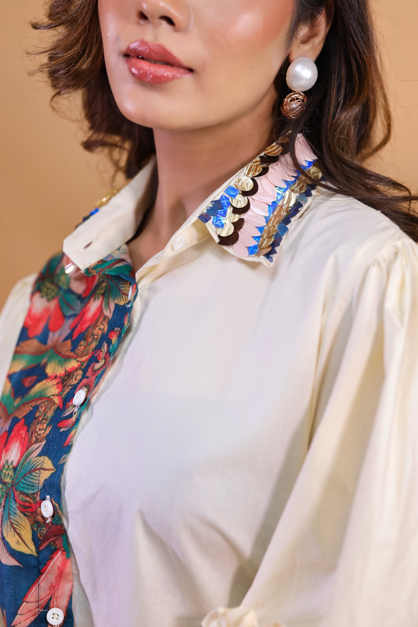 Ivory N floral Print With Decorated Collar