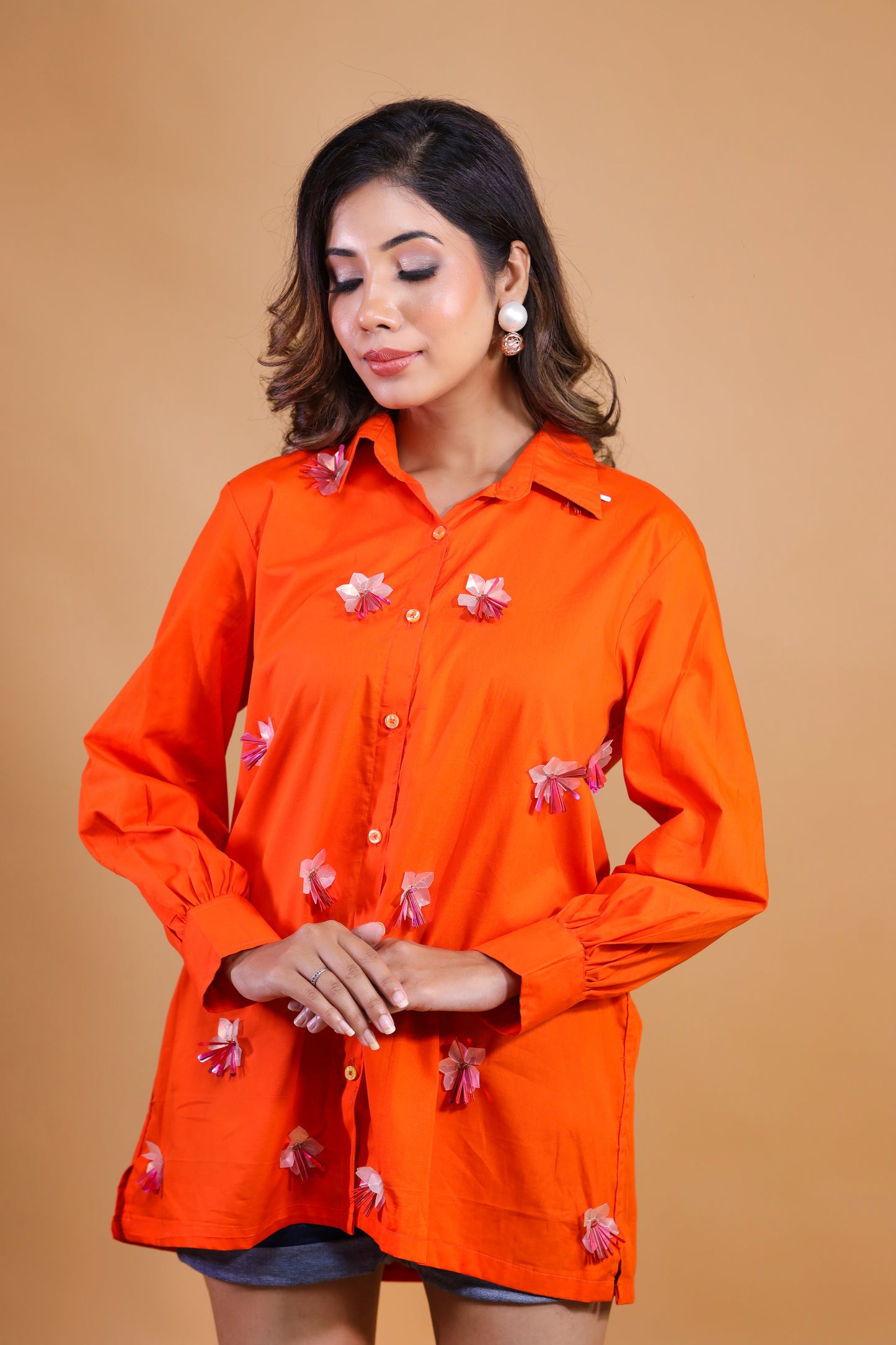Orange Shirt With 3D Floral Embroidery