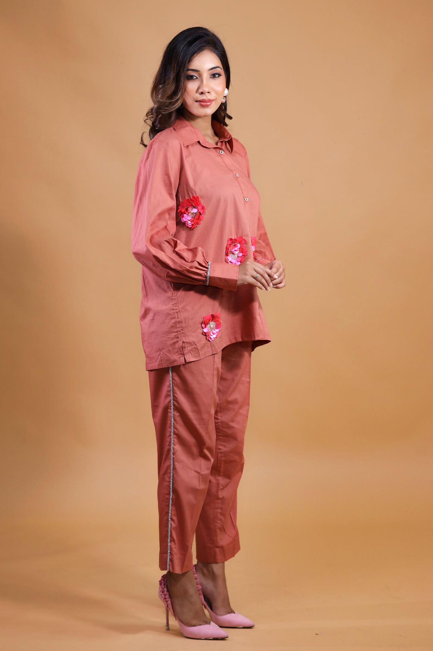 Rust Co-ord Set With Floral Embroidery