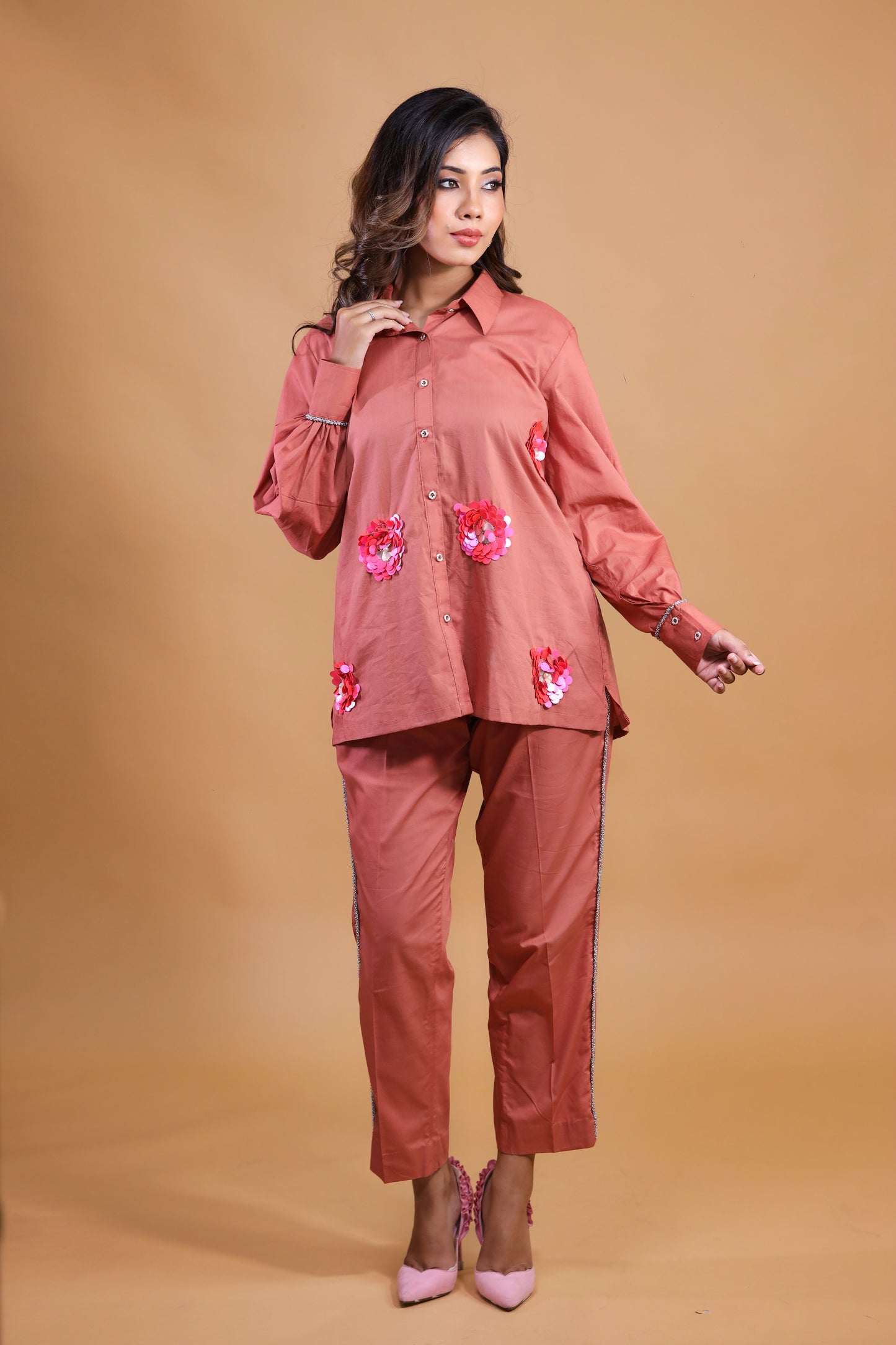 Rust Co-ord Set With Floral Embroidery