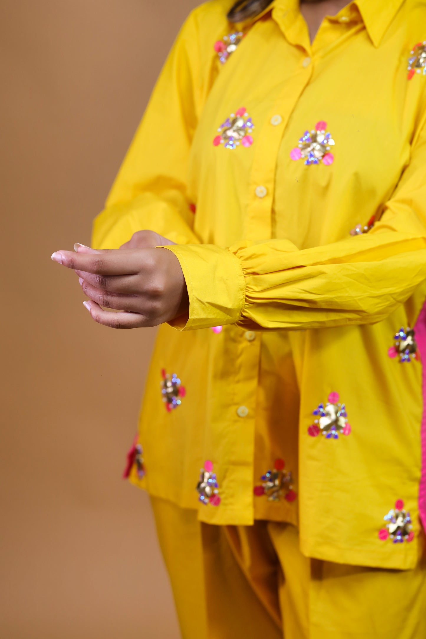 Sun Kissed Yellow With Hot Pink Shirt N Trouser Set