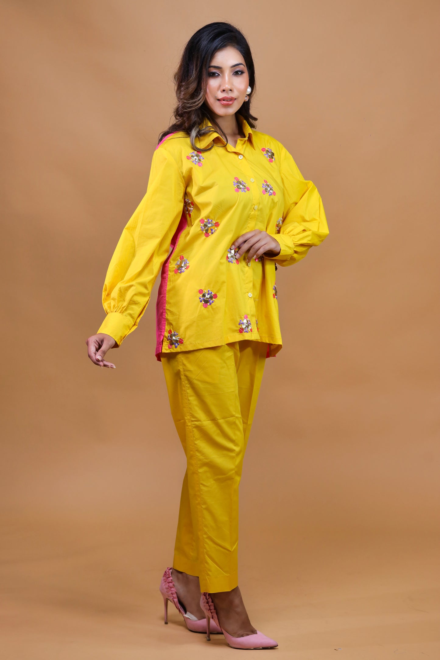 Sun Kissed Yellow With Hot Pink Shirt N Trouser Set