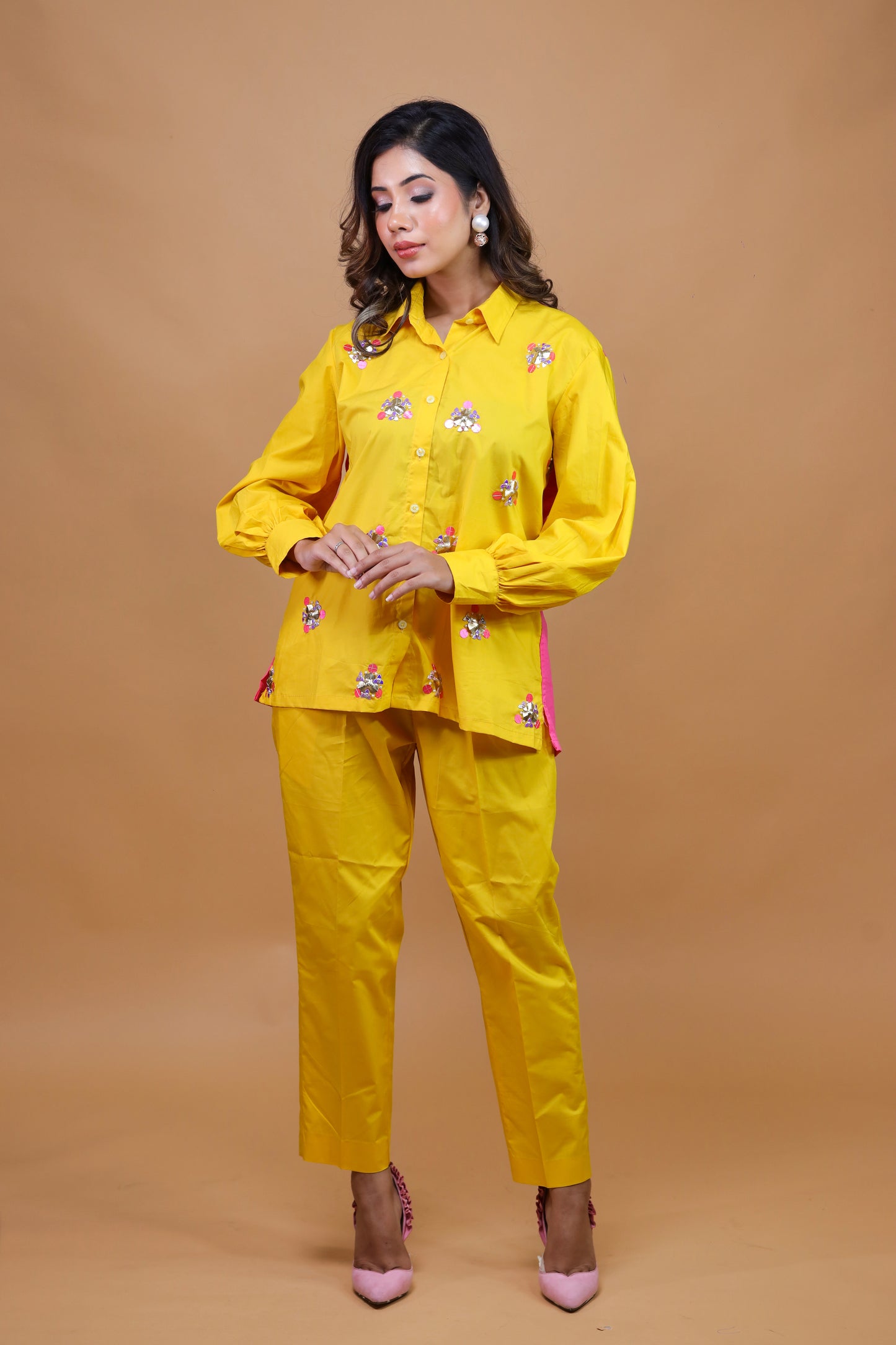 Sun Kissed Yellow With Hot Pink Shirt N Trouser Set