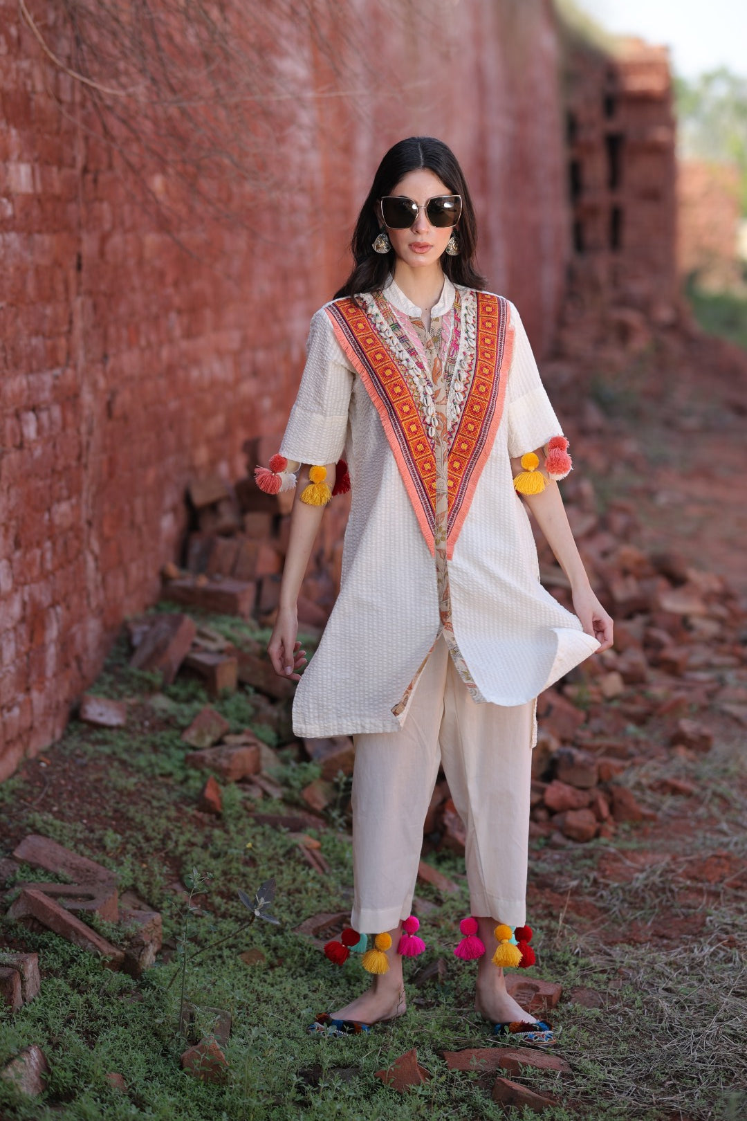 Embroidered Ivory Kurta Set with Tassel Detail