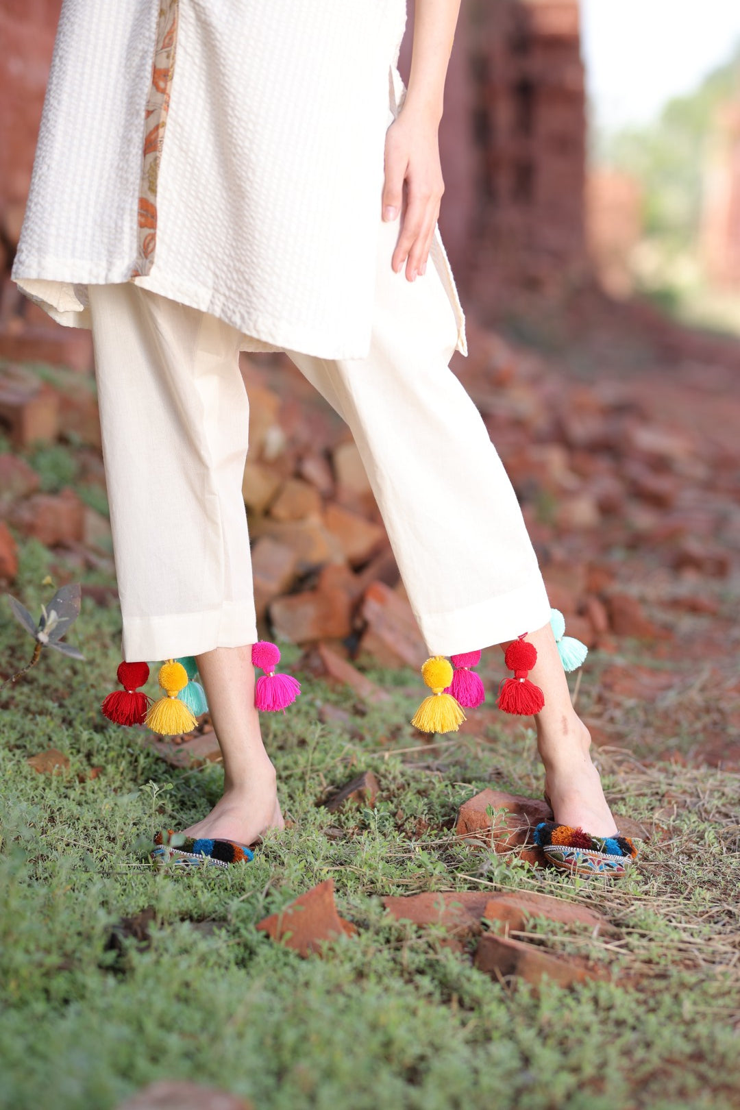 Embroidered Ivory Kurta Set with Tassel Detail