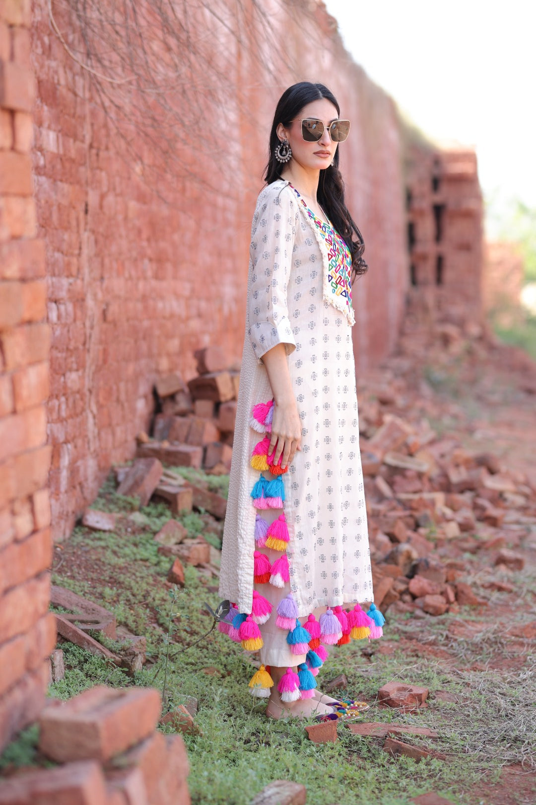 Ivory Mirror Work Kurta with Tassels