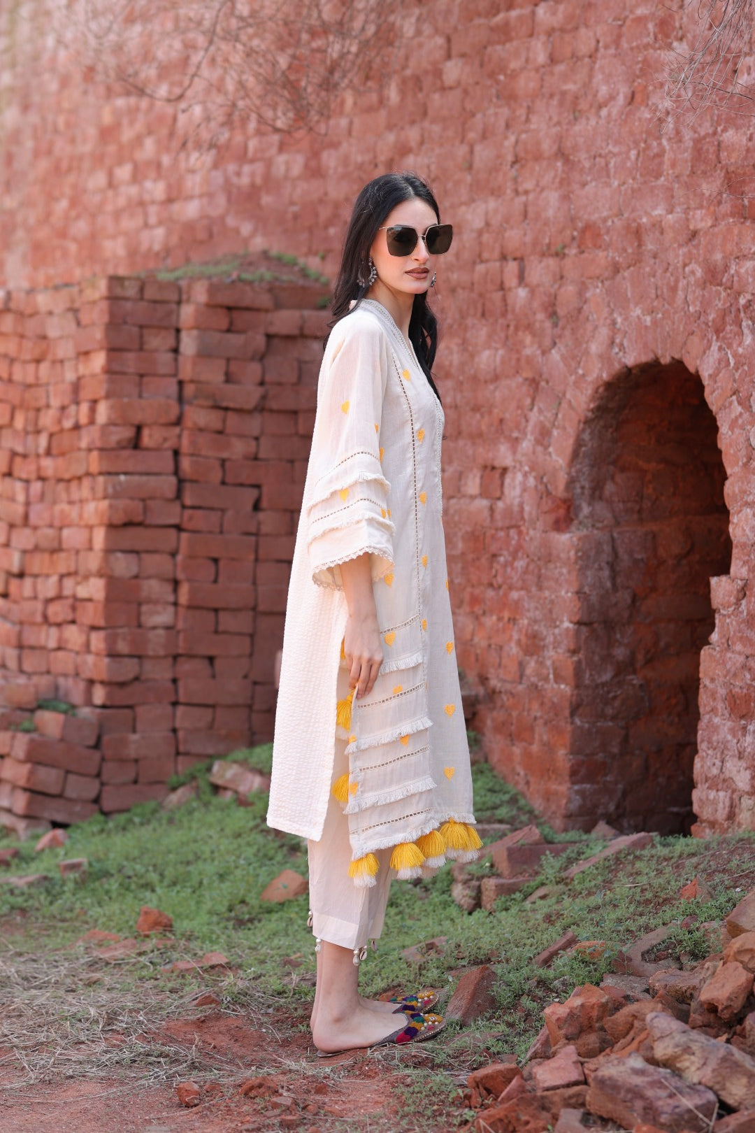 Saanjh Kurta Set – Ivory & Mustard Tassel Edit