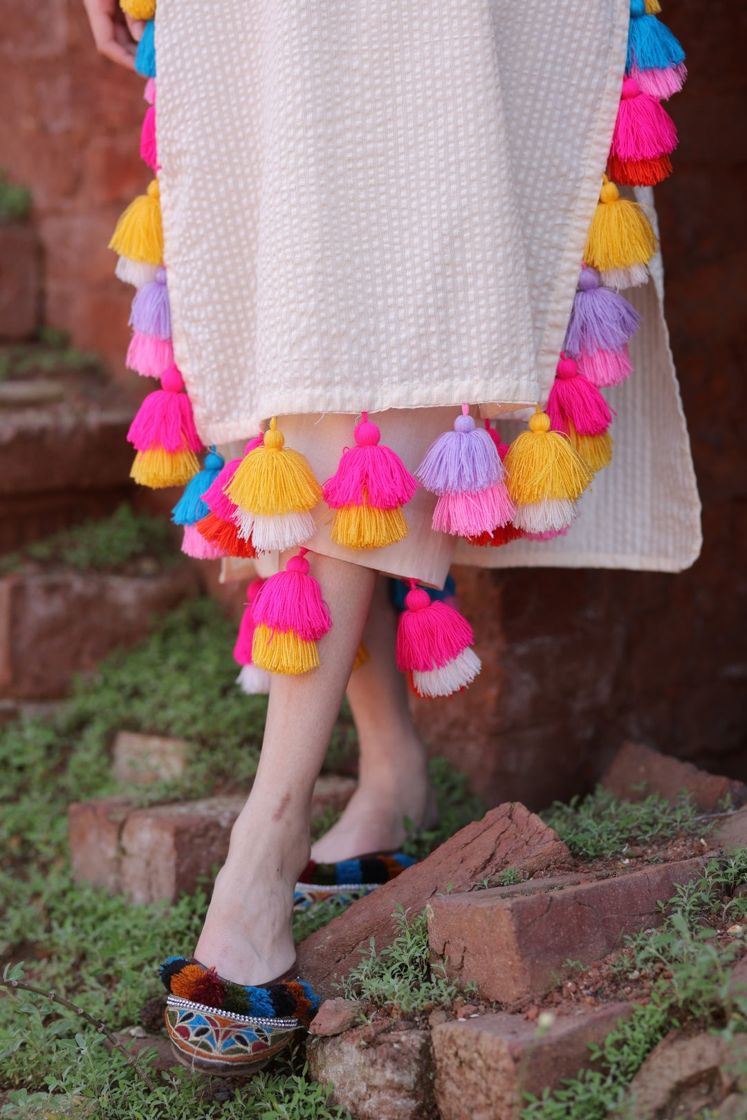 Ivory Mirror Kurta with Multicolour Tassels | Handmade Festive Wear