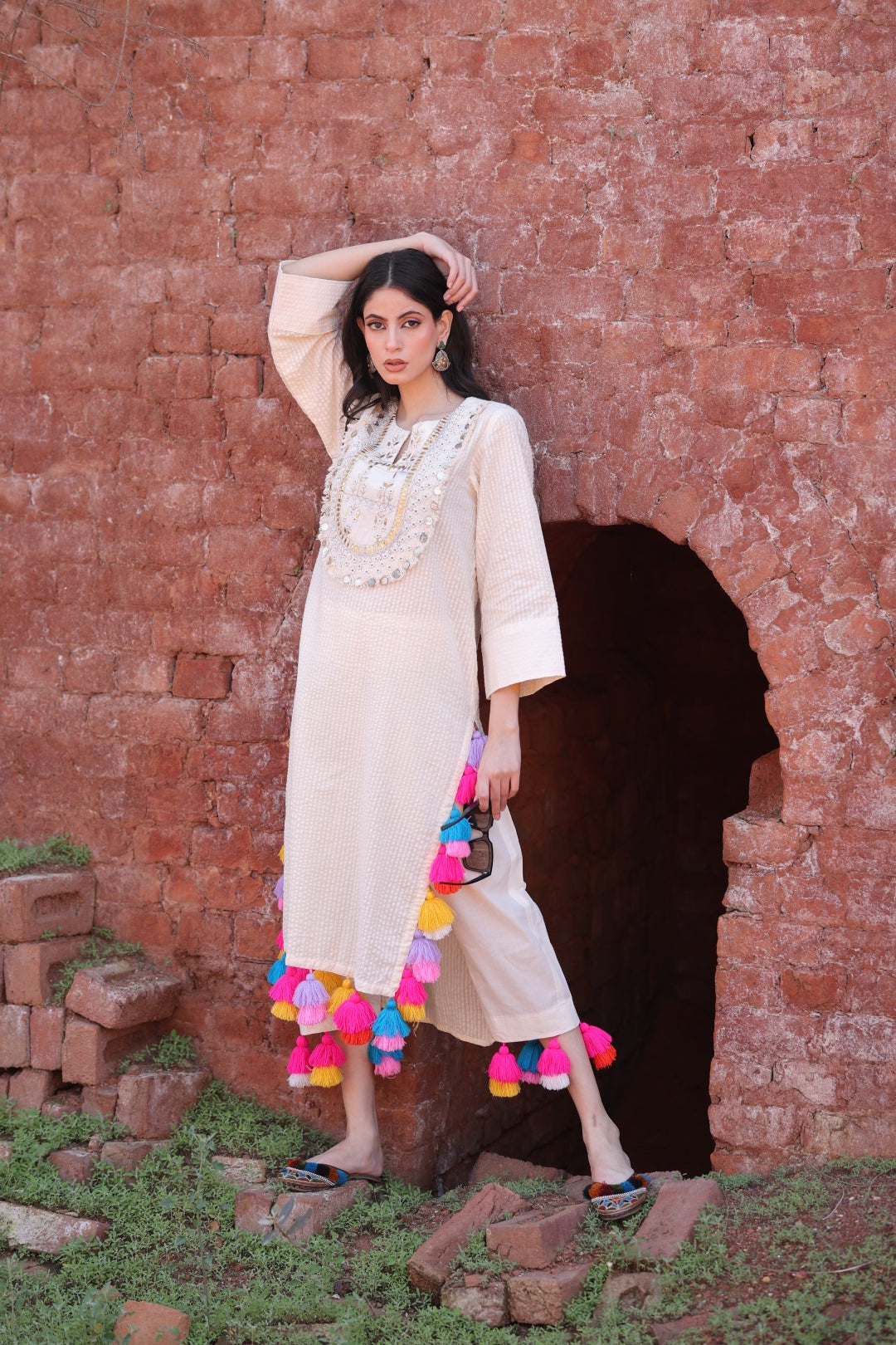 Front view of ivory tassel kurta with mirror embroidery – Rooh SS25