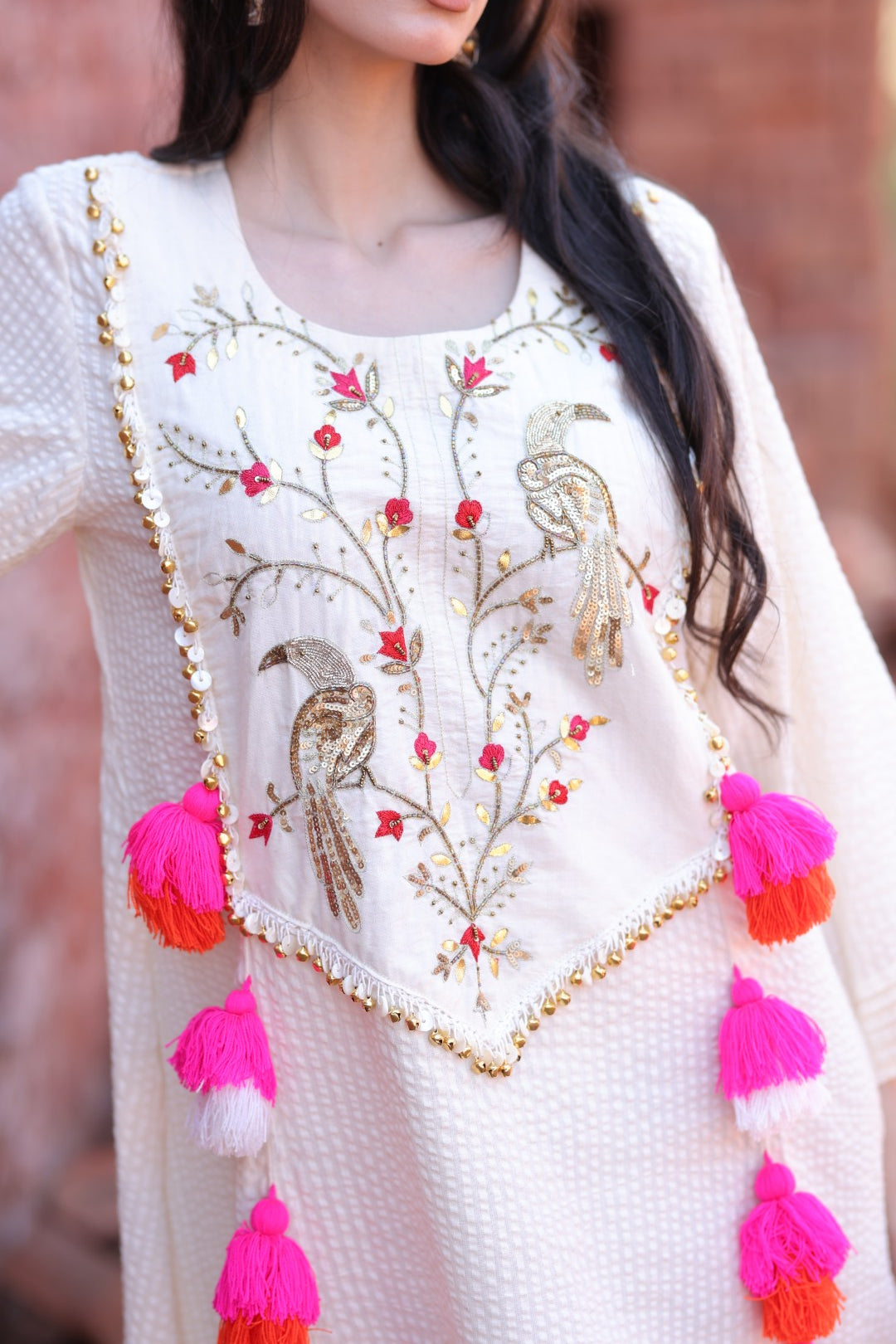 Close-up of parrot embroidery, mirror work, and tassel craftsmanship on the textured base.