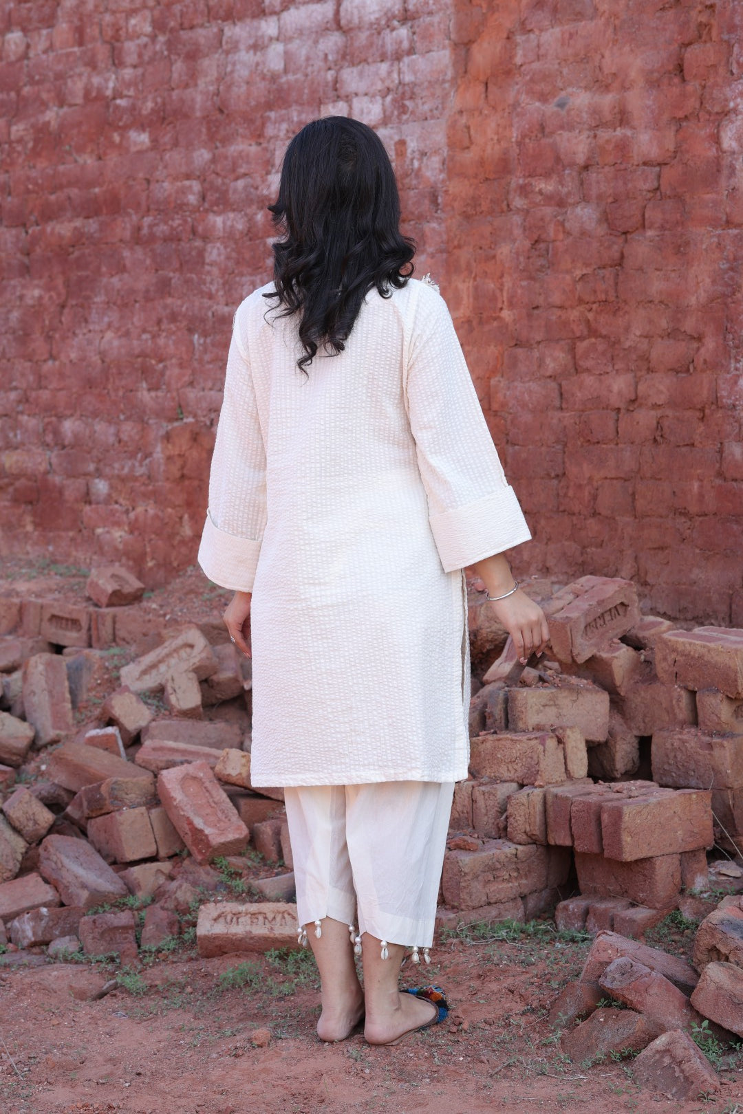 Ivory Textured Kurta with Multicolor Tassel Embroidery