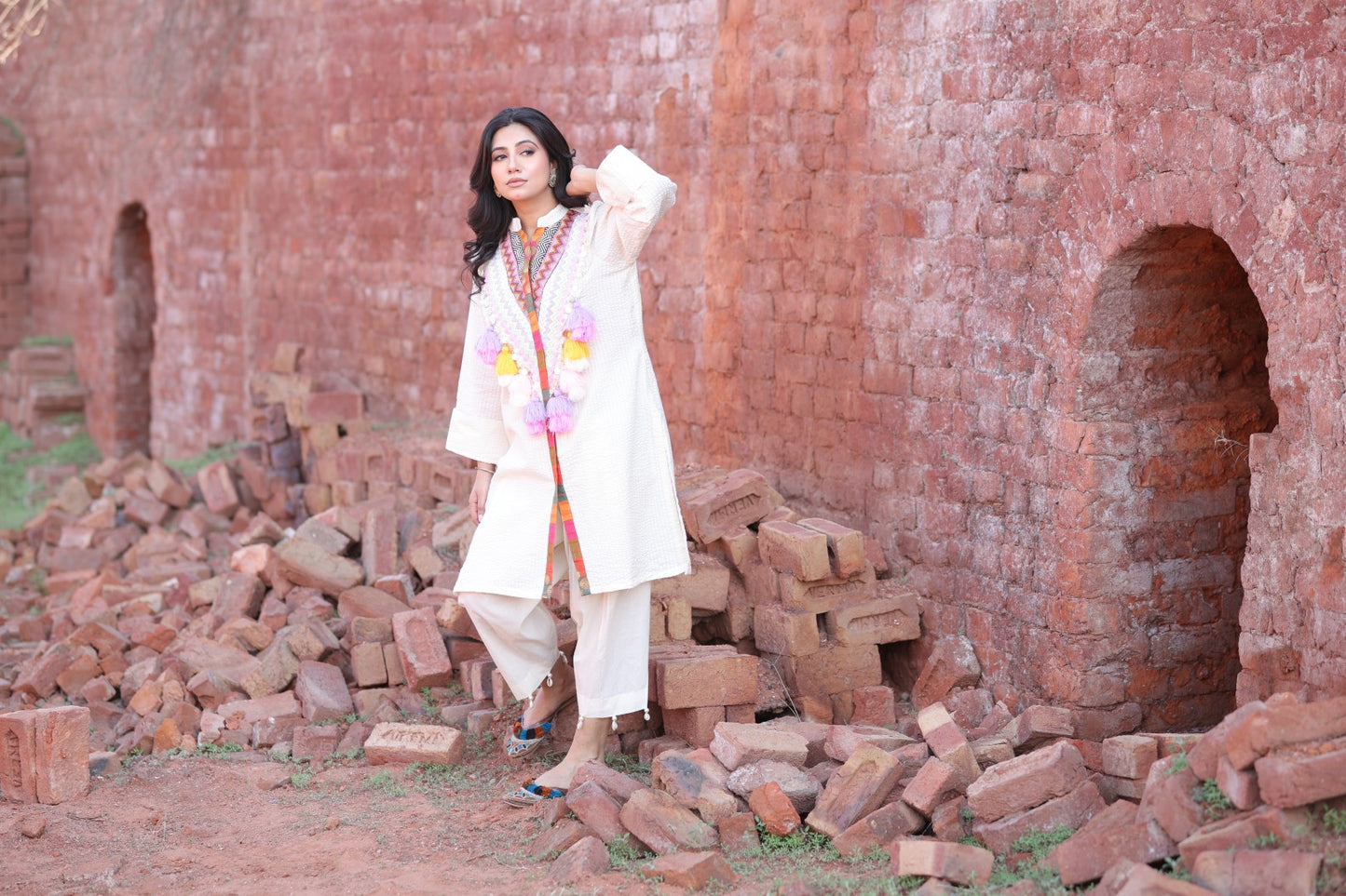 Ivory Textured Kurta with Multicolor Tassel Embroidery
