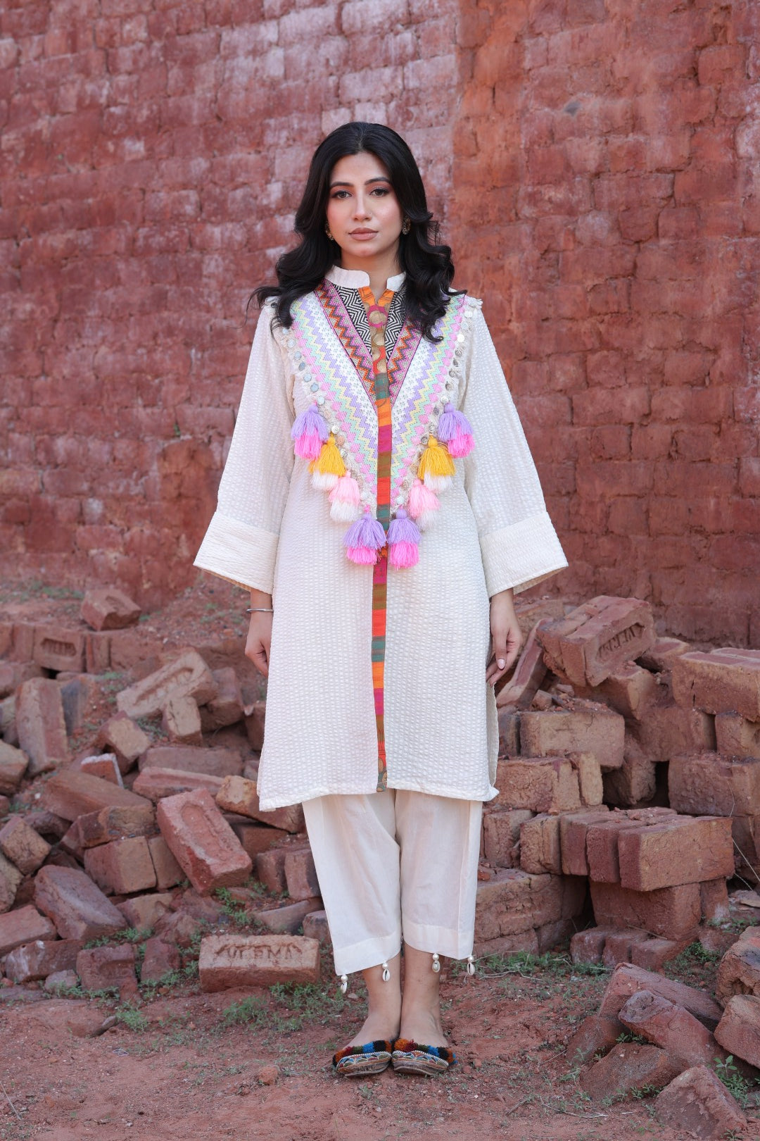 Ivory Textured Kurta with Multicolor Tassel Embroidery