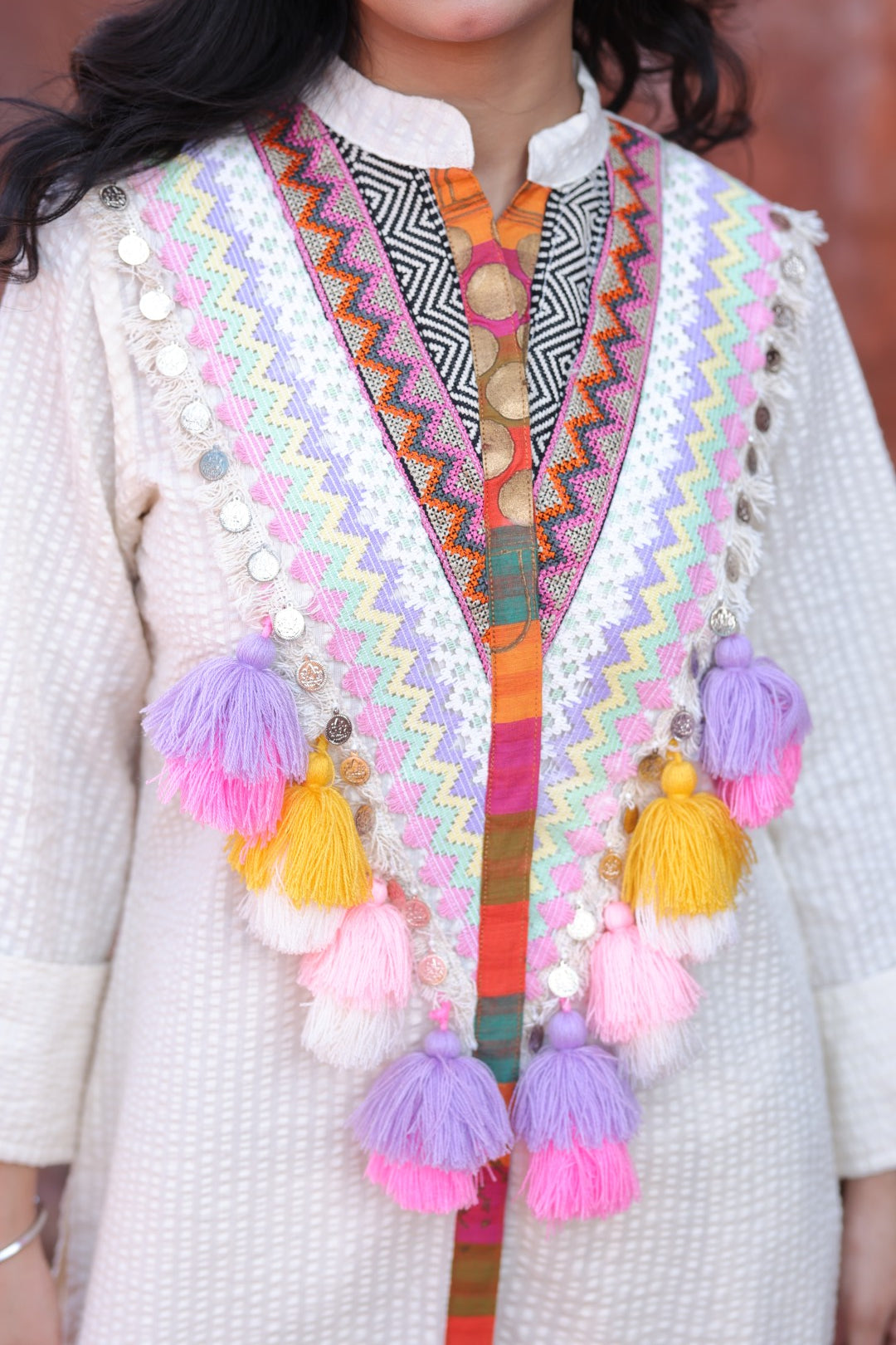Ivory Textured Kurta with Multicolor Tassel Embroidery