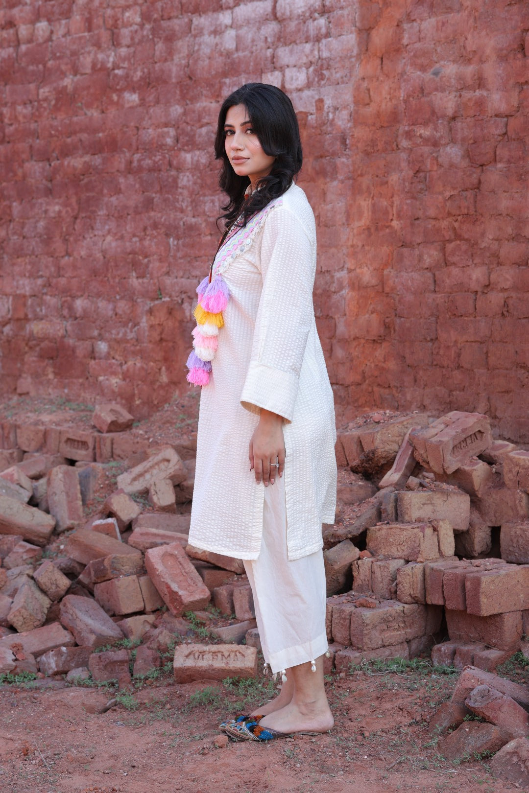 Ivory Textured Kurta with Multicolor Tassel Embroidery