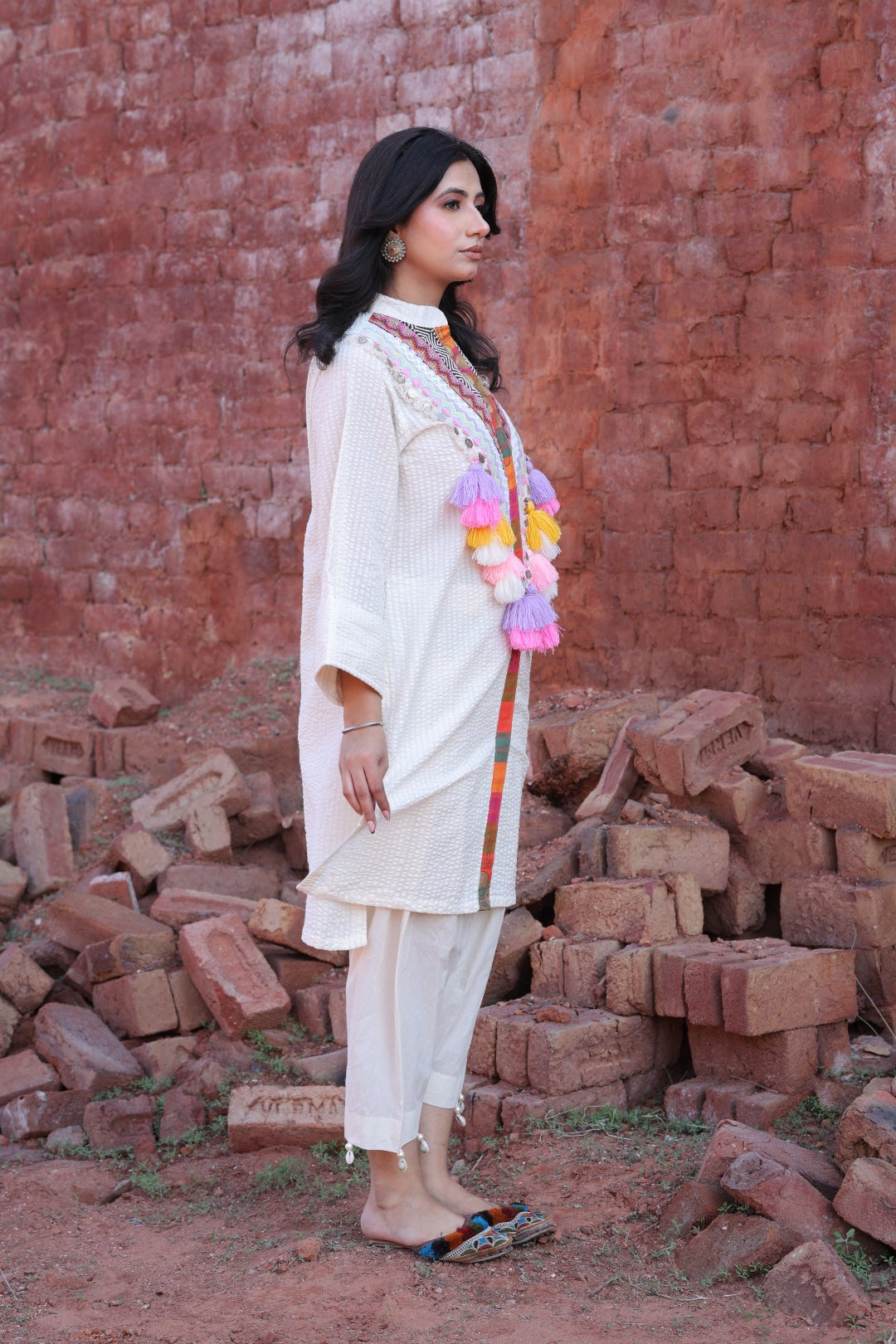 Ivory Textured Kurta with Multicolor Tassel Embroidery