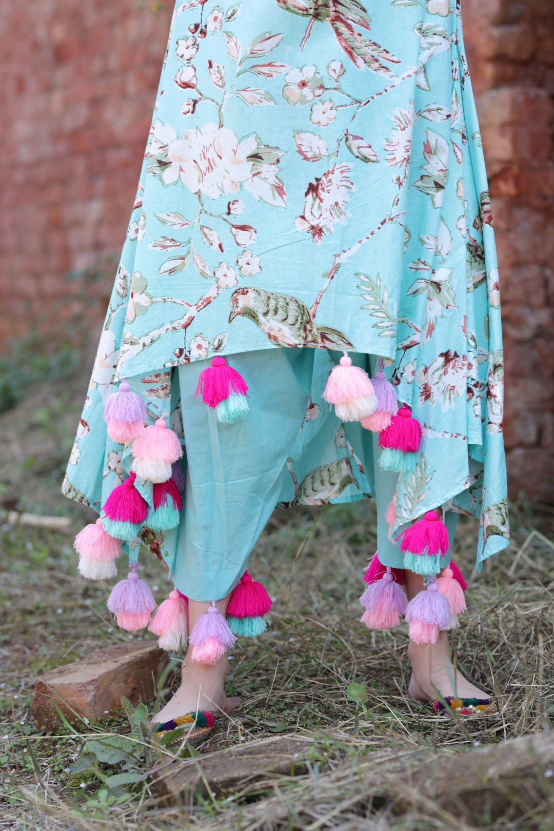 Aqua Bird Print Kurta Set with Handcrafted Tassels