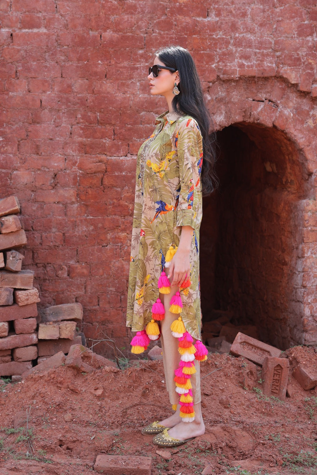 Side view showcasing cascading tassels