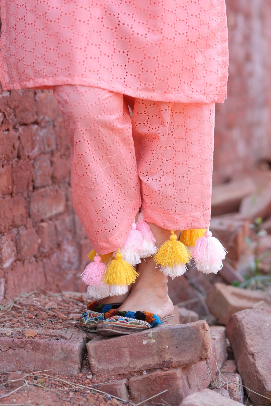 Peach Chikankari Coord with Mirror Yoke & Tassel Hem