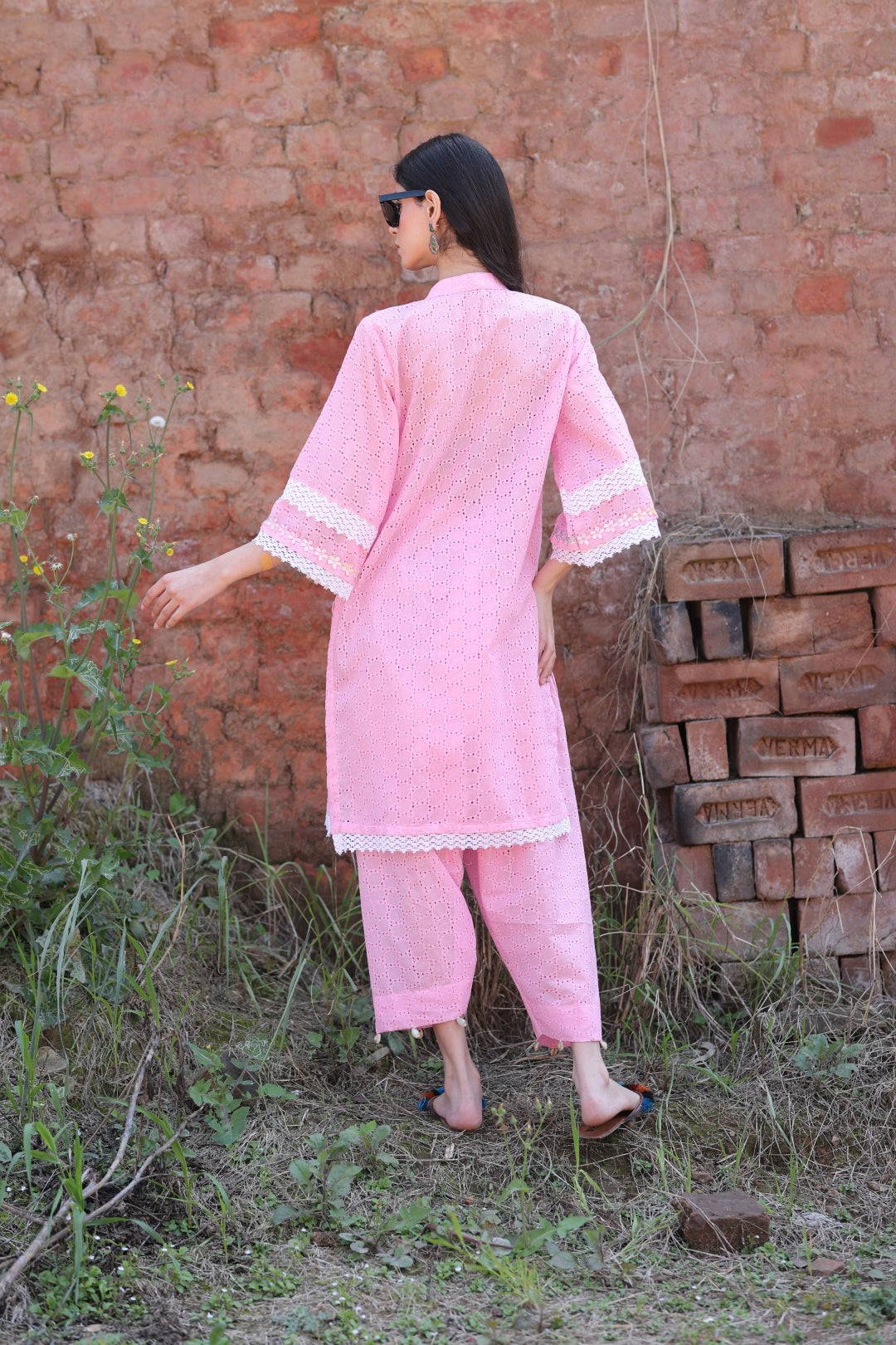 Pastel pink chikankari kurta with lace hem – back profile