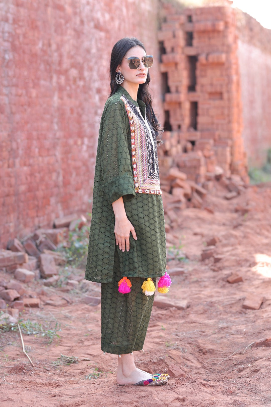 Right angle focusing on yoke embroidery and sleeve detail