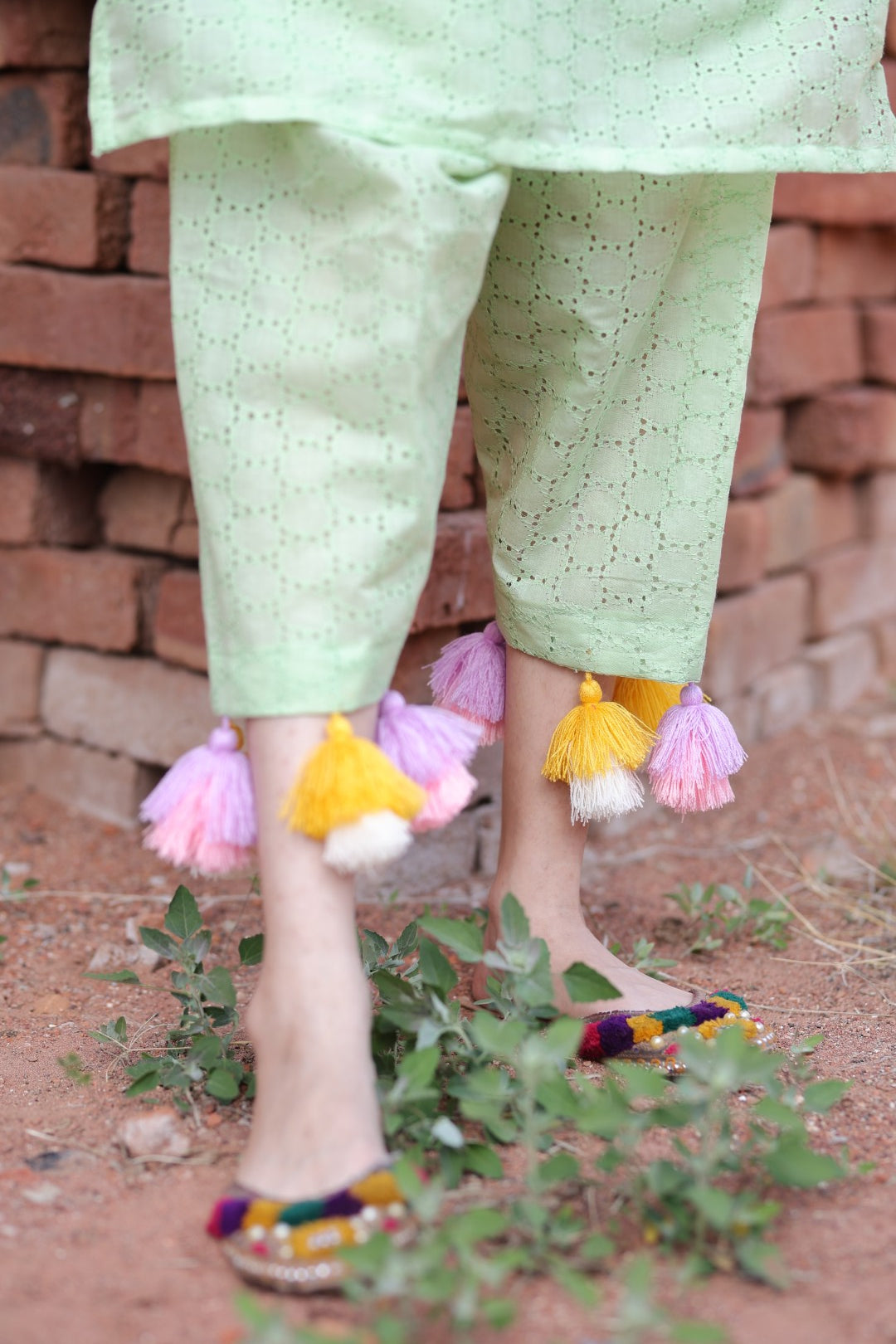 Pastel Green Chikankari Co-ord Set with Tassels & Mirror Yoke