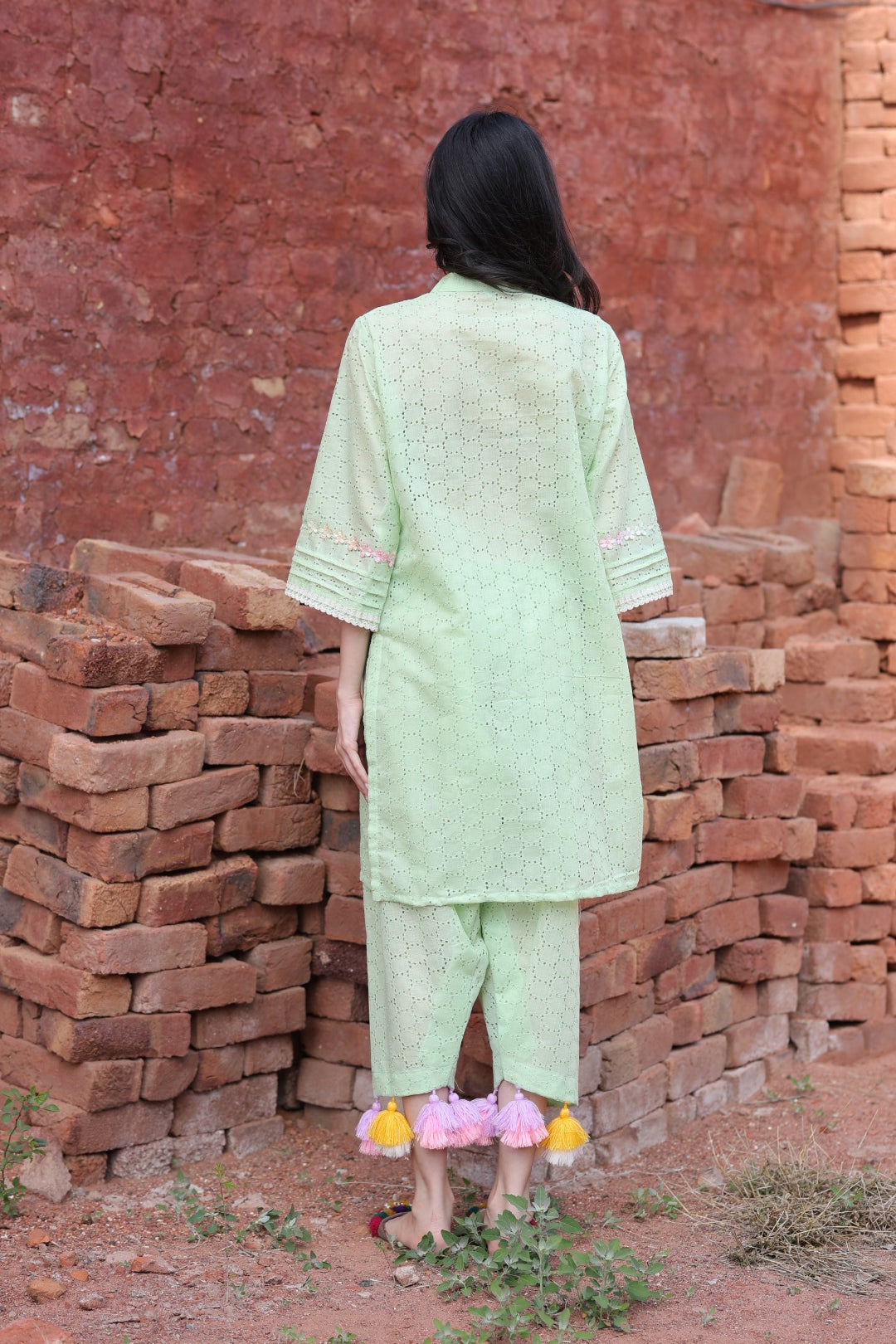 Back view of pastel co-ord showing chikankari texture and clean finish