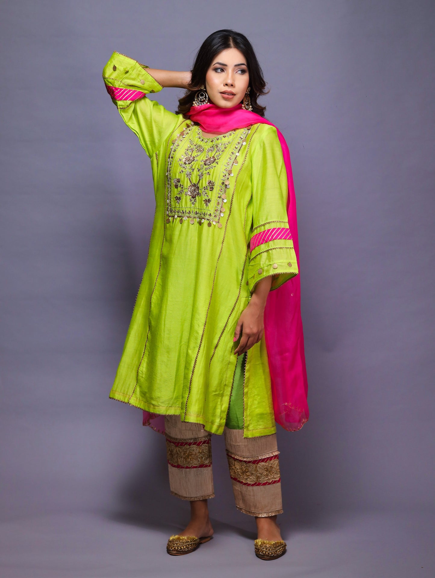 Lime Green Suit With Pants & Dupatta