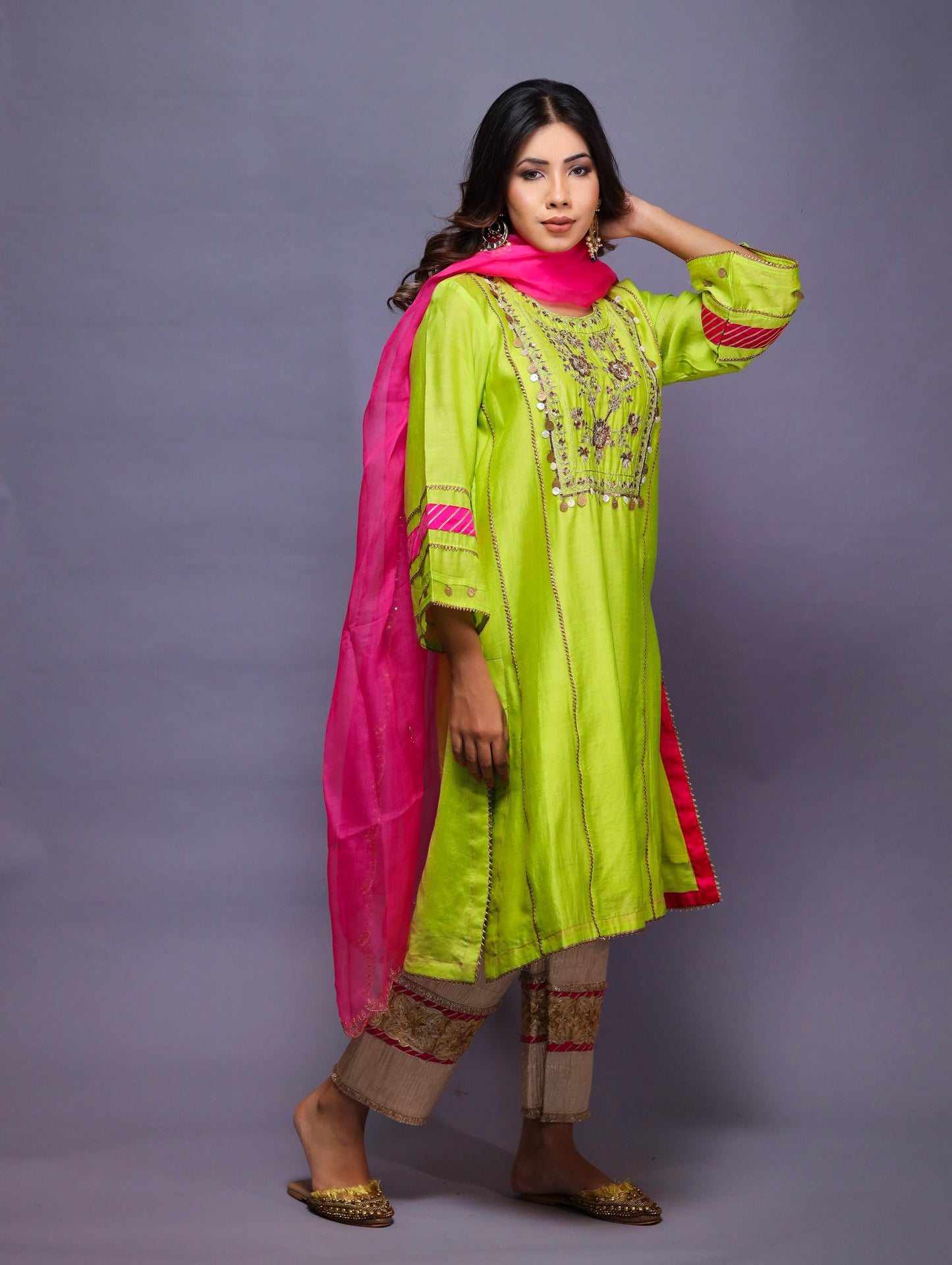 Lime Green Suit With Pants & Dupatta