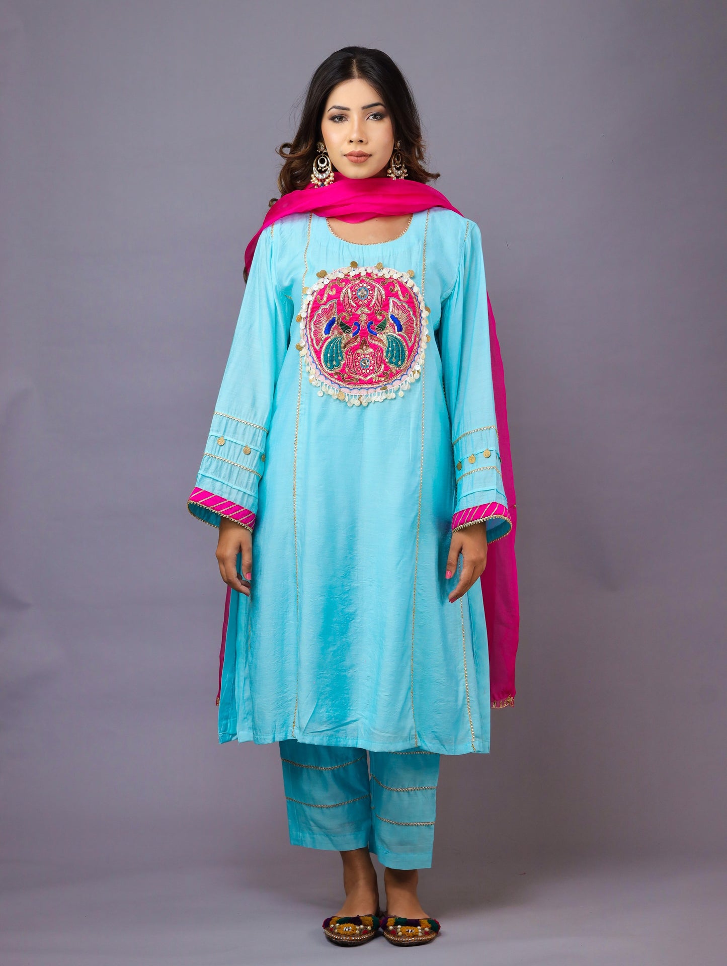 Sky Blue & Rani Pink Kurta Set