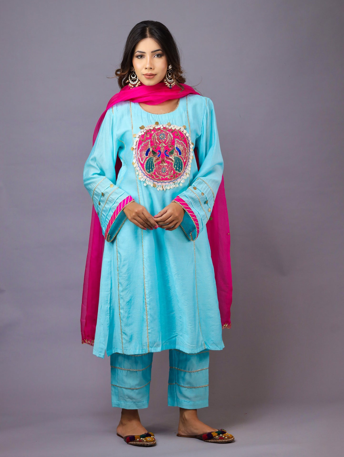 Sky Blue & Rani Pink Kurta Set