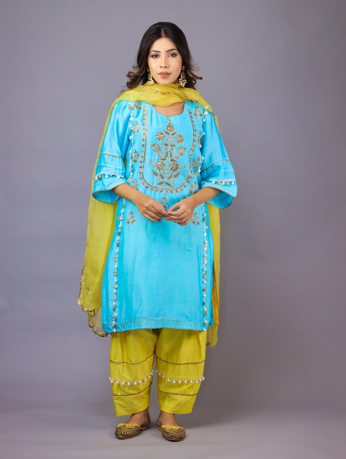 Turquoise Blue & Yellow Kurta Set