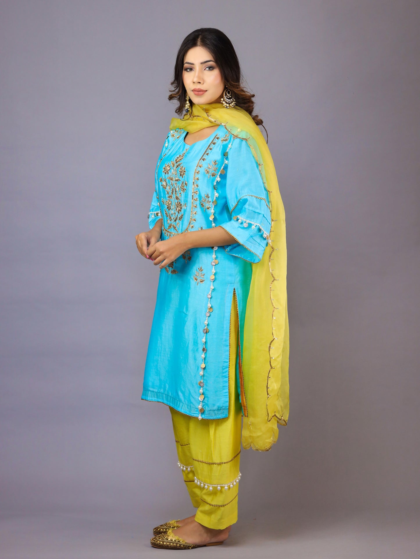 Turquoise Blue & Yellow Kurta Set