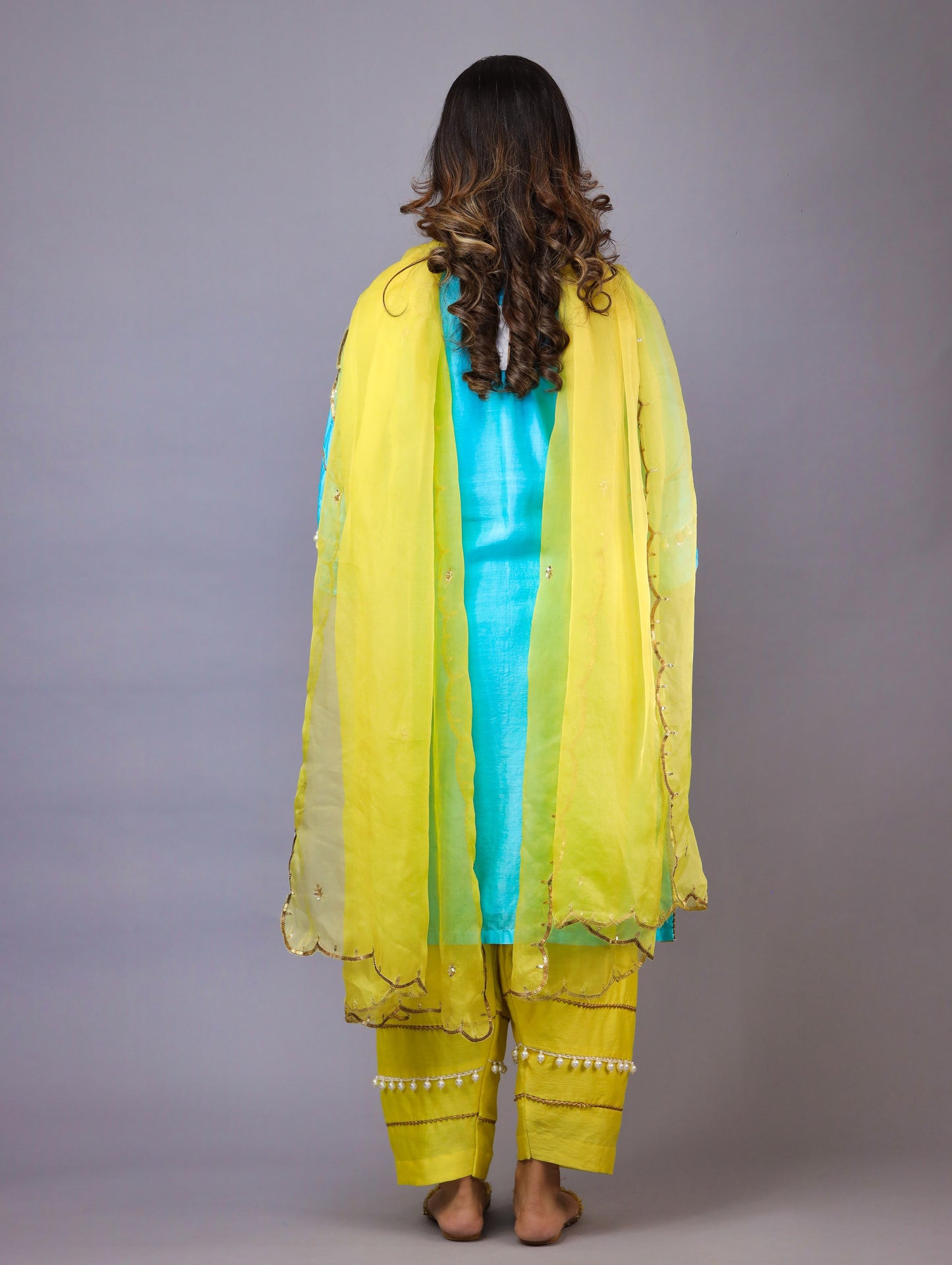 Turquoise Blue & Yellow Kurta Set