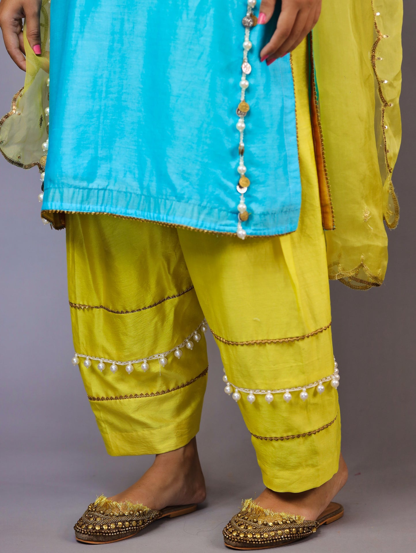 Turquoise Blue & Yellow Kurta Set