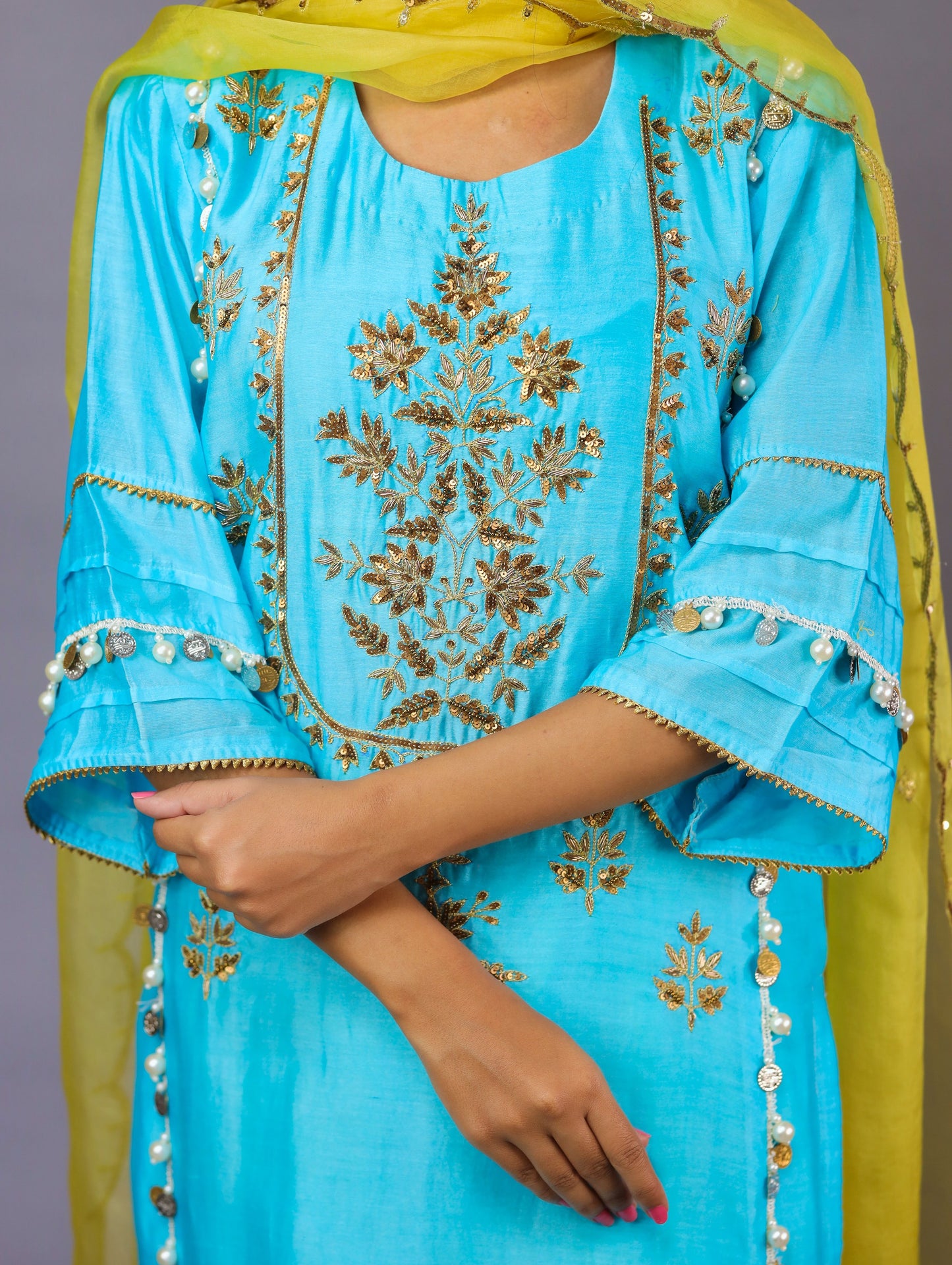 Turquoise Blue & Yellow Kurta Set