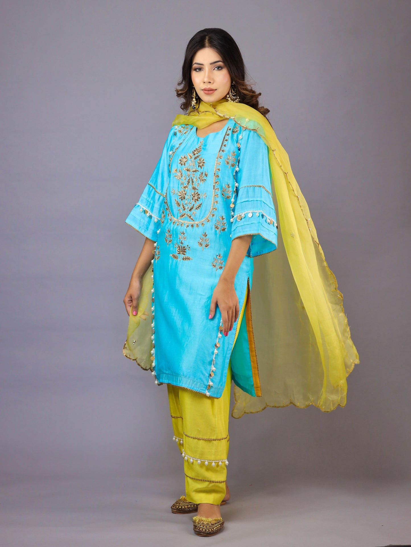 Turquoise Blue & Yellow Kurta Set