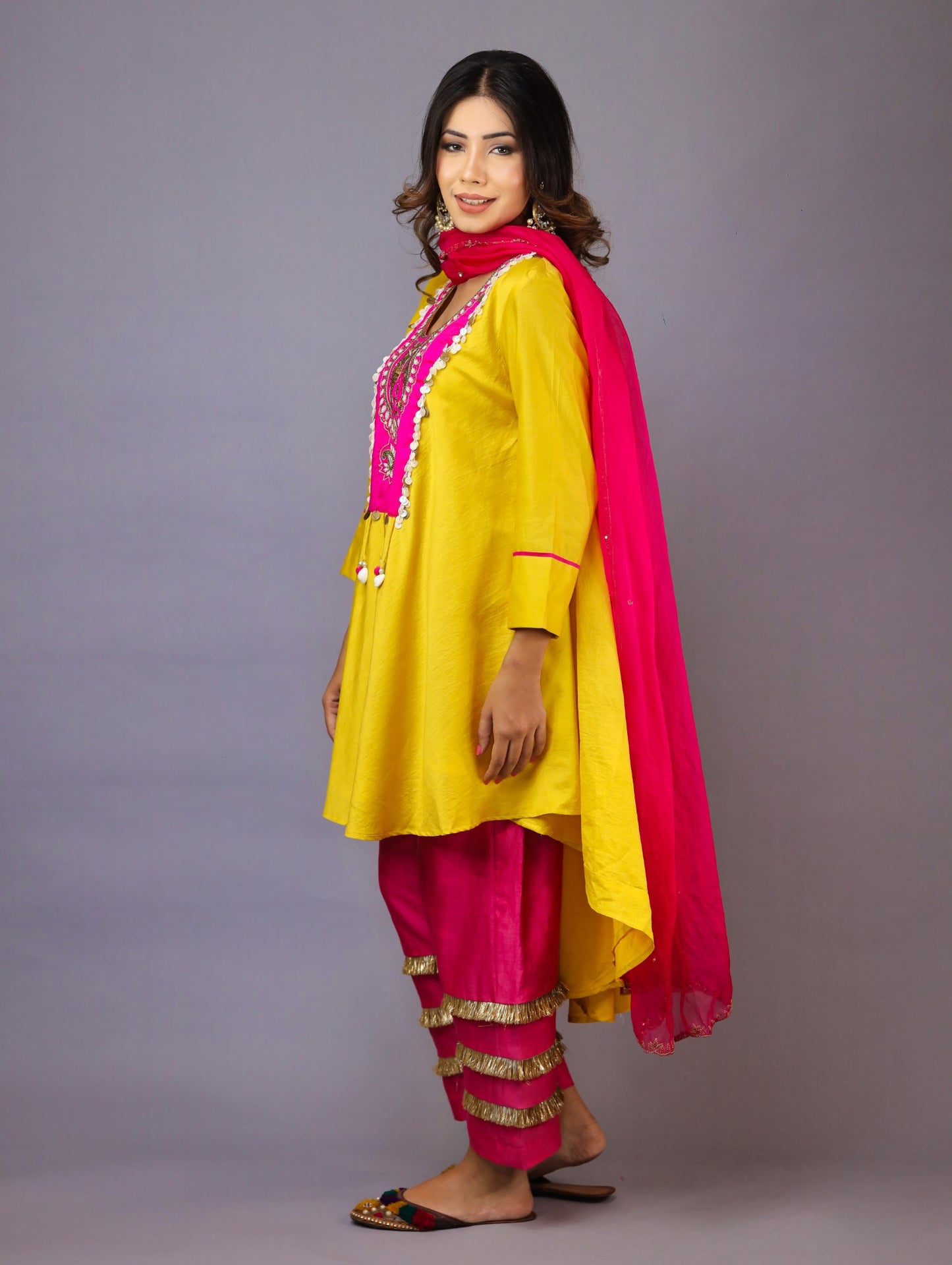 Yellow And Pink Chanderi Silk Kurta Set