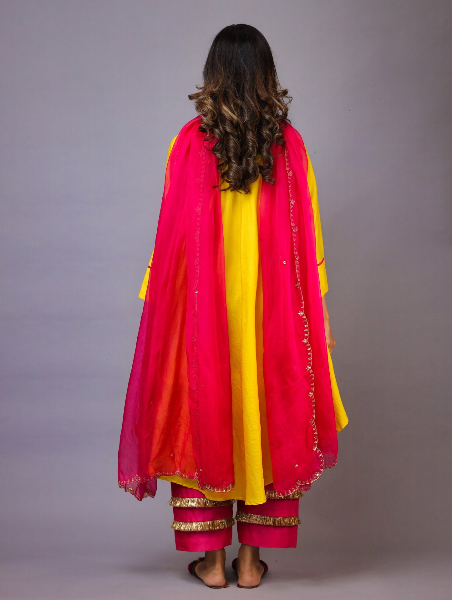 Yellow And Pink Chanderi Silk Kurta Set