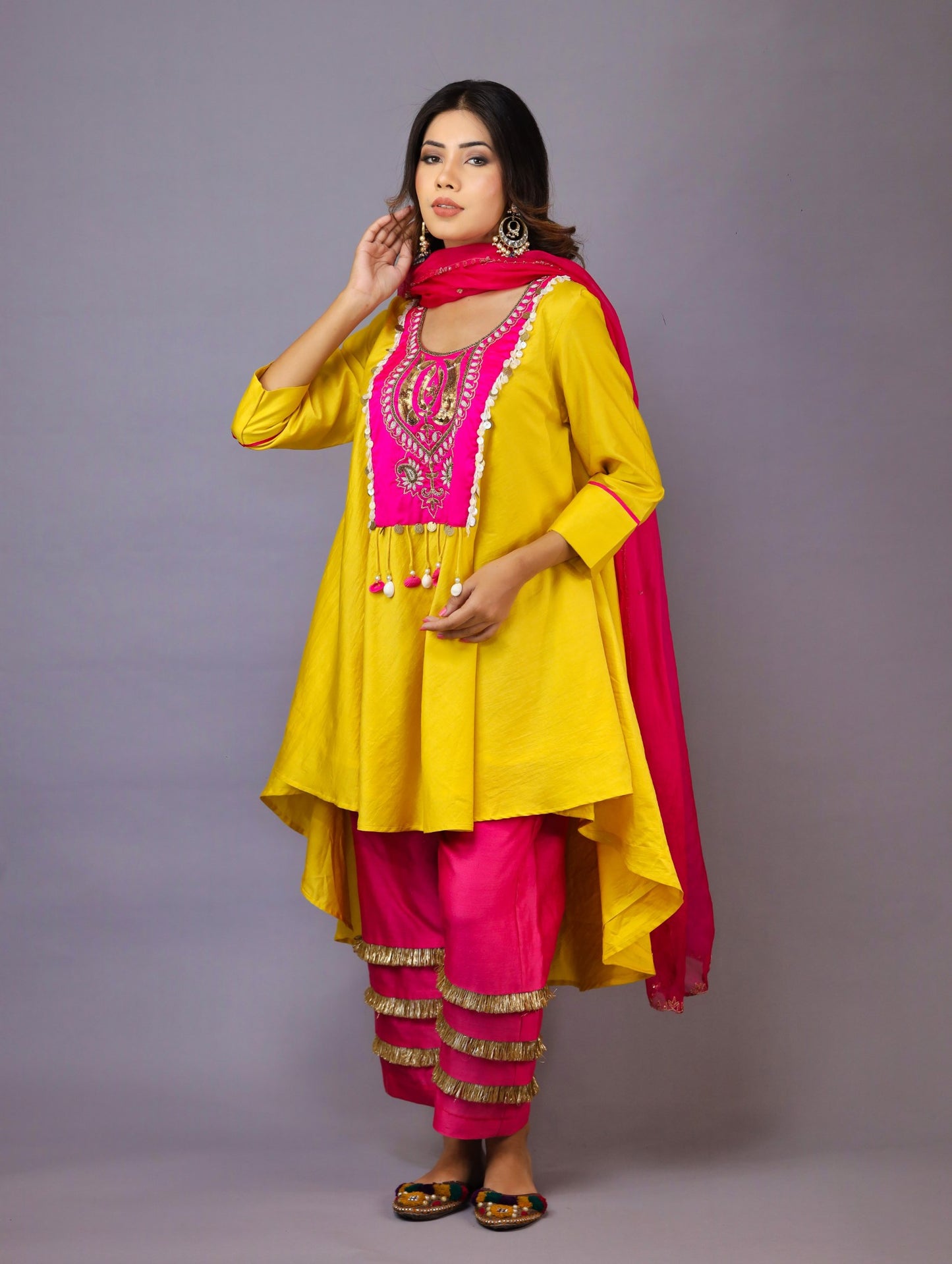 Yellow And Pink Chanderi Silk Kurta Set