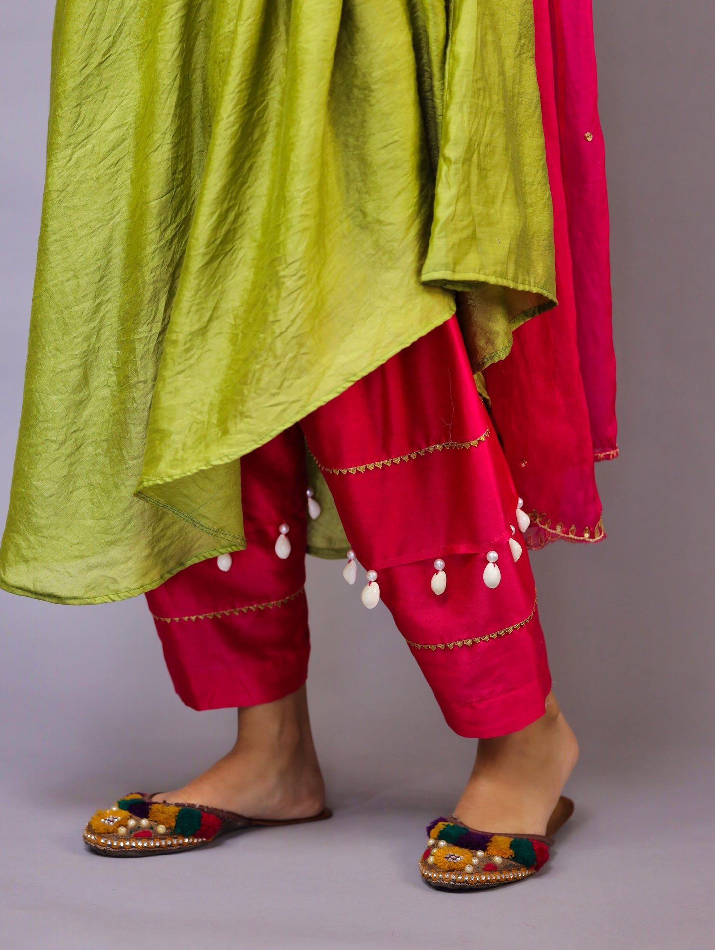 Mehndi Green And Pink Kurta Set With Dupatta