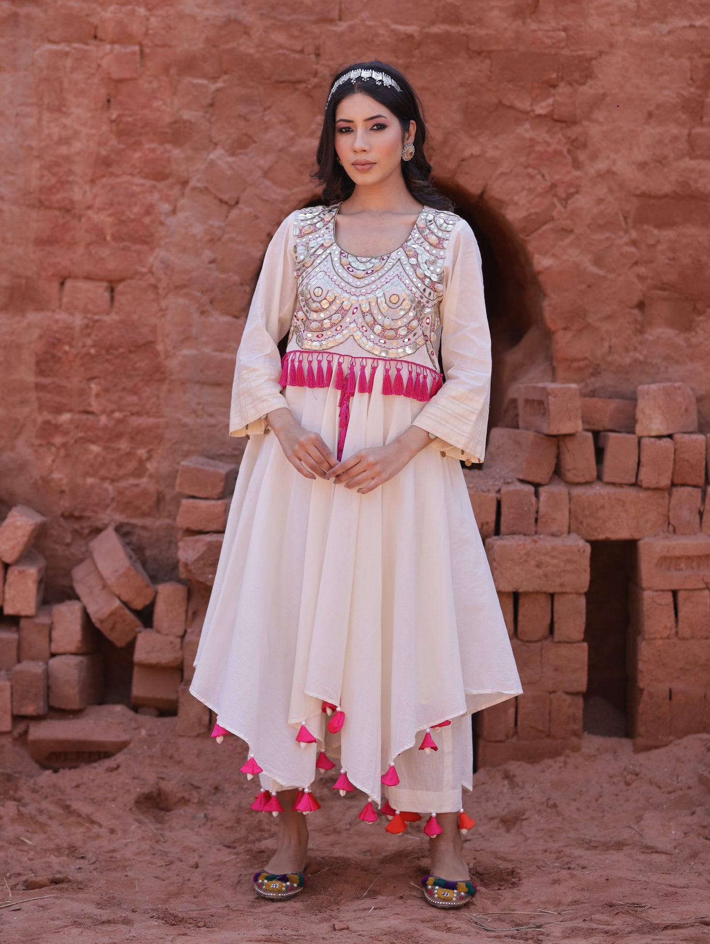 Ivory Kurta Set Mirror Work