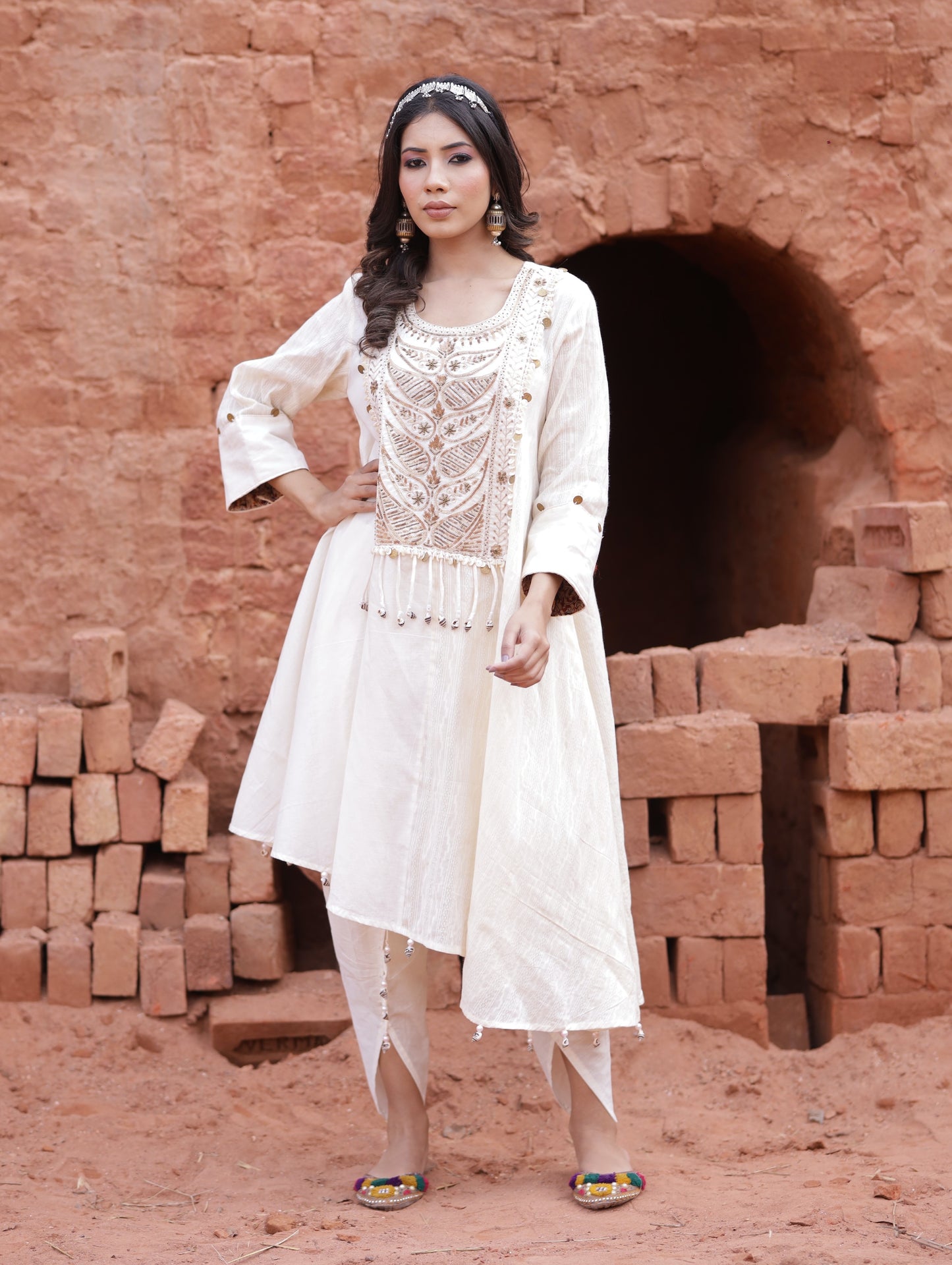 Cotton Zari A-Line Pull On No Back Pocket Full Sleeves Round Neck Straight Mid Waist Embellished & Sequined Dhoti Pants