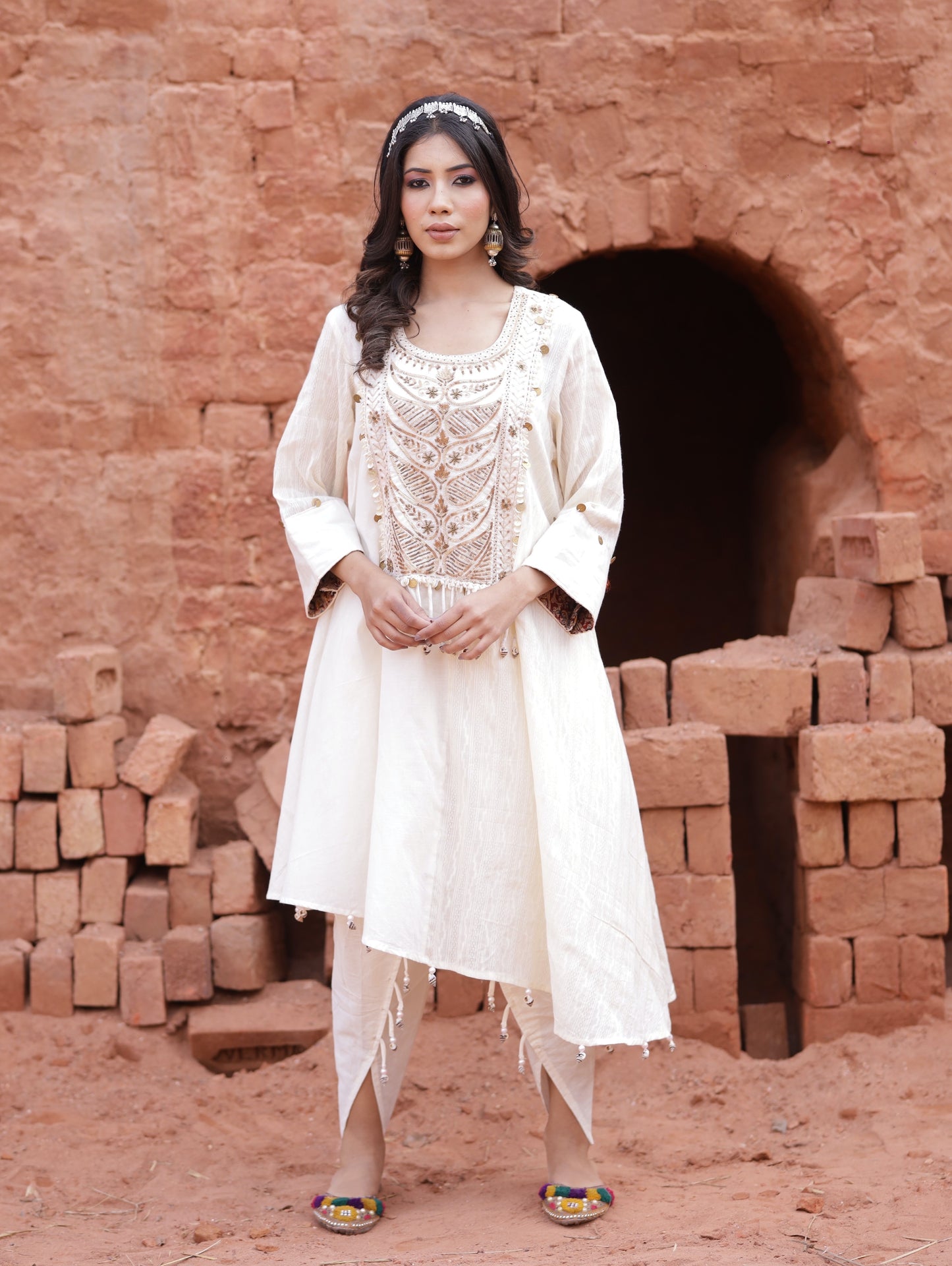 Zari Work On Ivory Kurta Set With Dhoti Pants