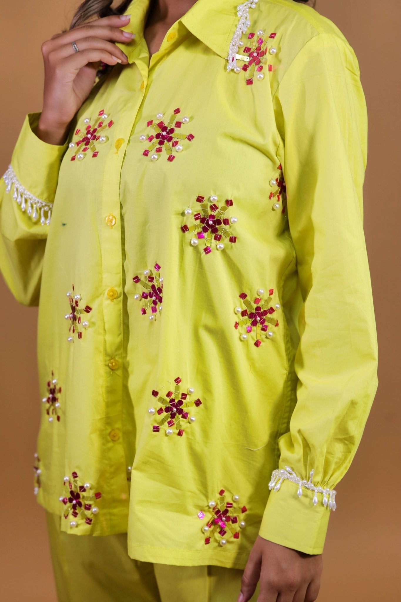 Floral Work With Beads On Lime Yellow Set - Mani Dua Khanna - Co - ord Set - Fab.Minimal