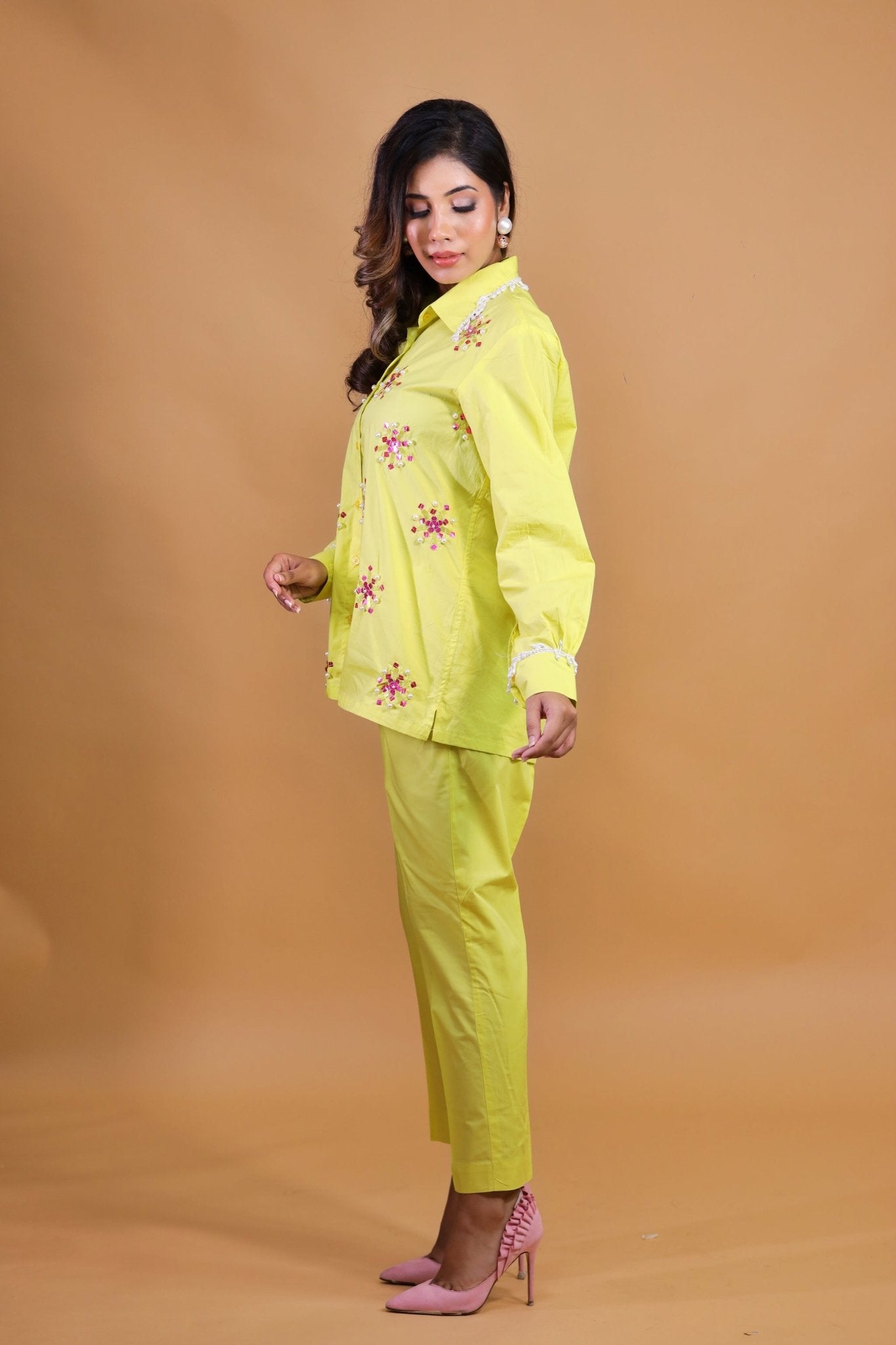 Floral Work With Beads On Lime Yellow Set - Mani Dua Khanna - Co - ord Set - Fab.Minimal