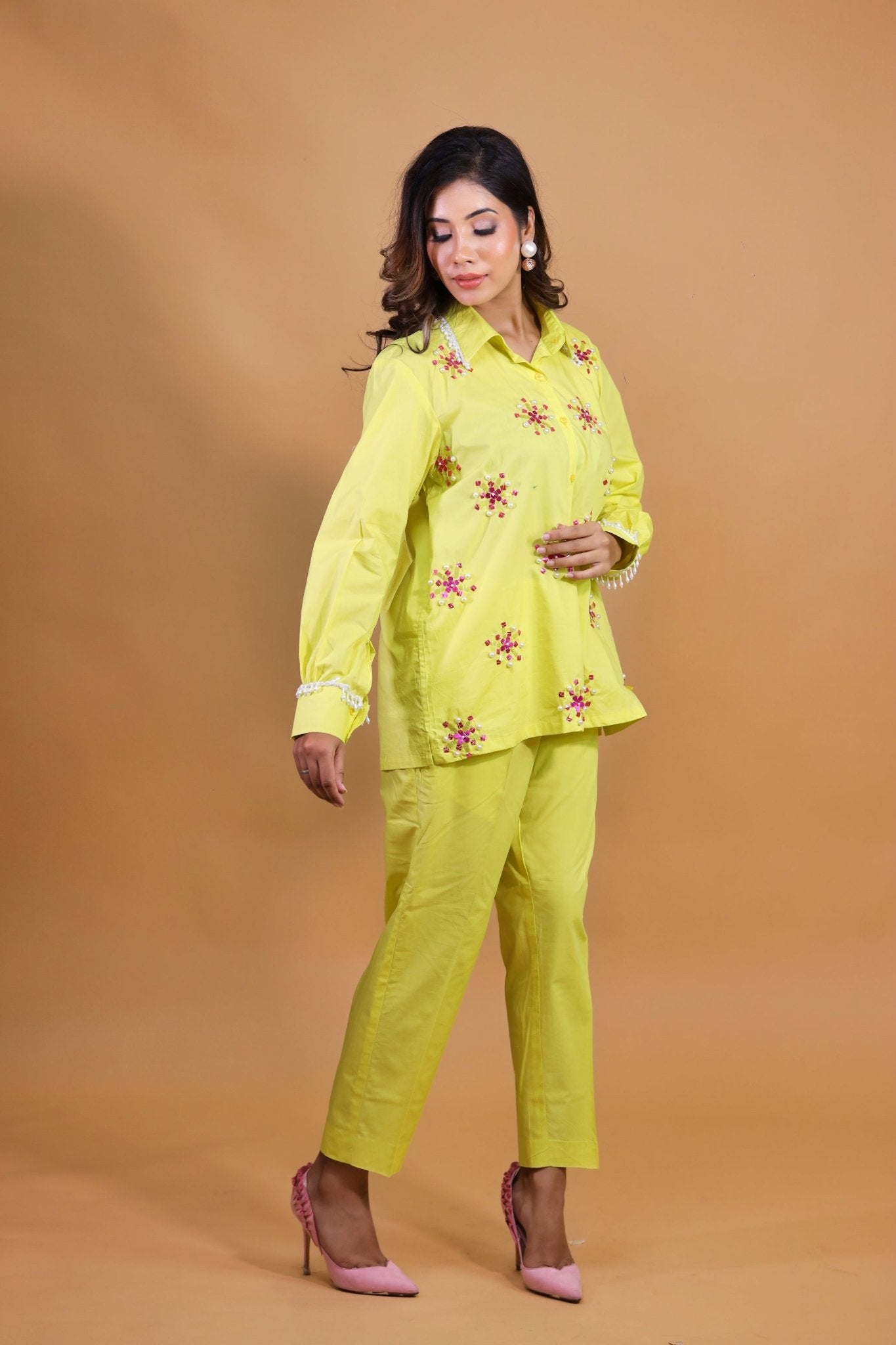 Floral Work With Beads On Lime Yellow Set - Mani Dua Khanna - Co - ord Set - Fab.Minimal