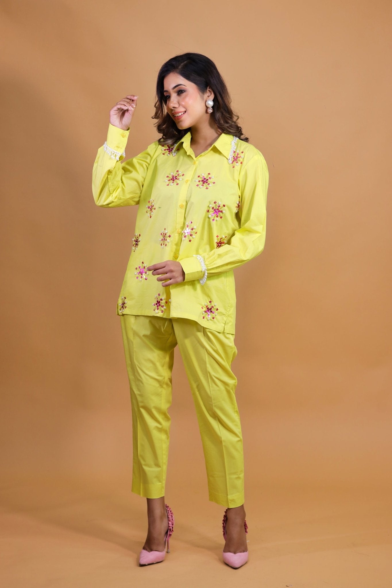 Floral Work With Beads On Lime Yellow Set - Mani Dua Khanna - Co - ord Set - Fab.Minimal